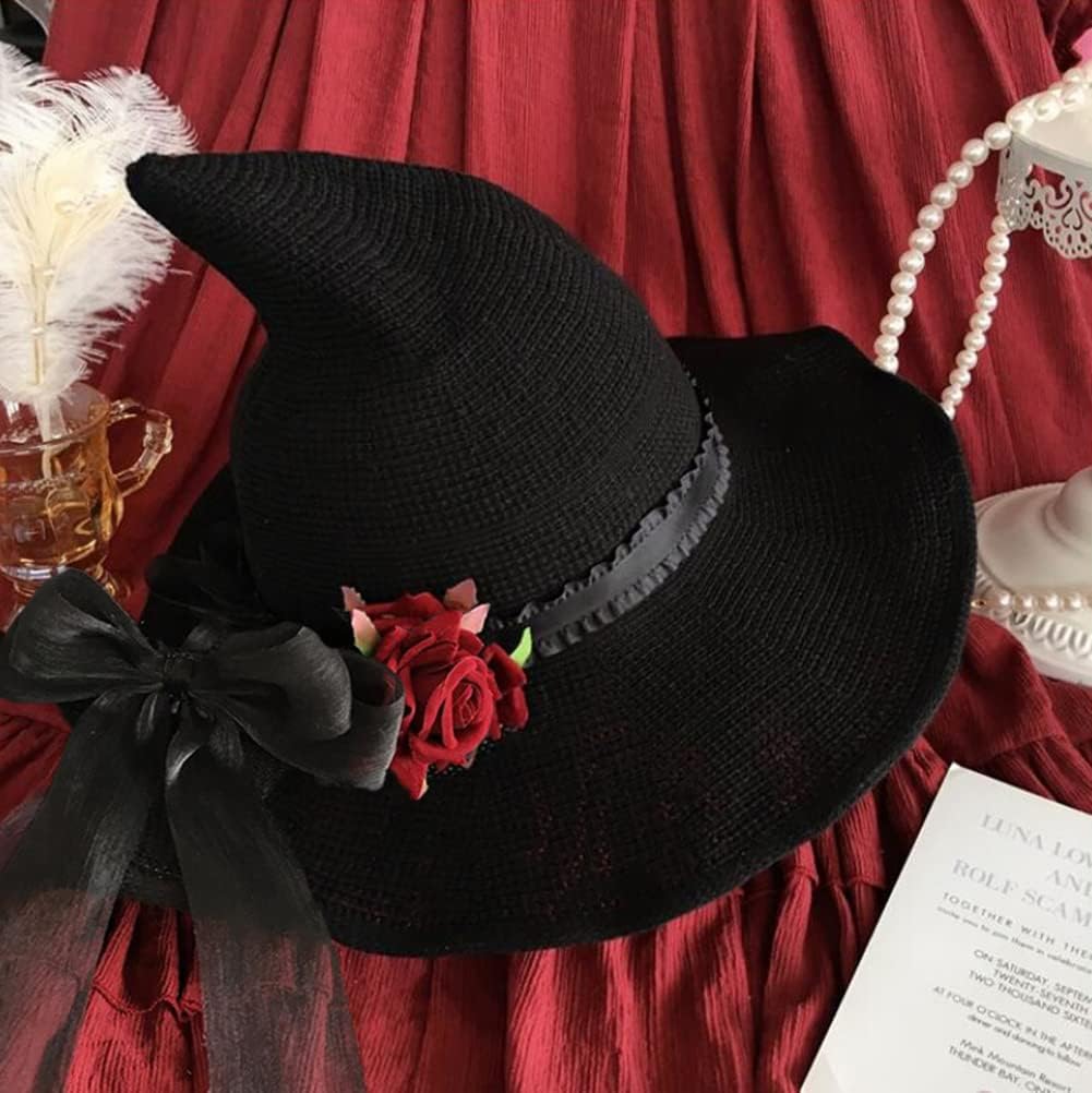 Thumbnail 6 de HKSICHENGKEJIUK Halloween Witch Hat with Rose Bow – Women Wide Brim Costume Accessory