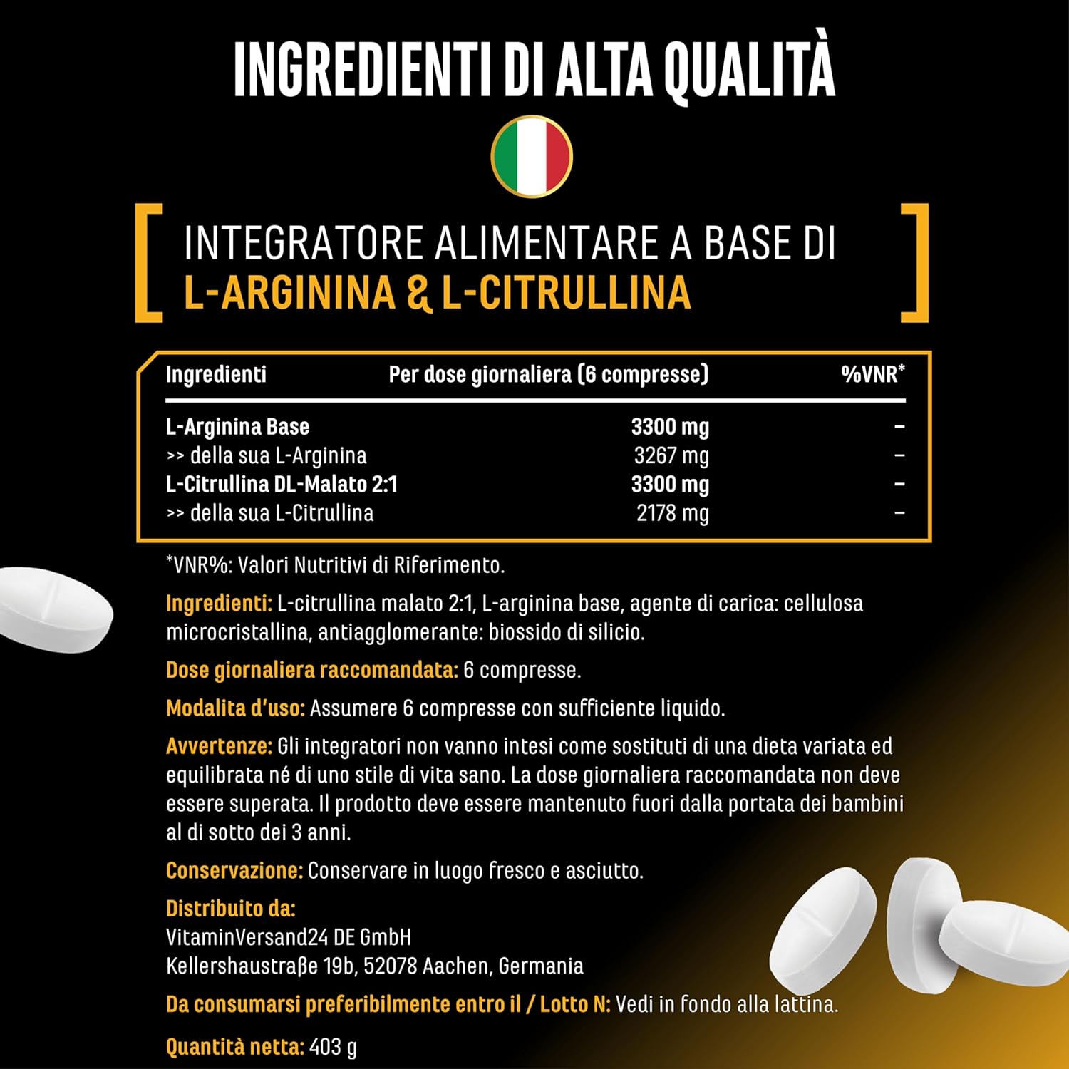 Thumbnail 4 de L-Arginina + L-Citrullina Ultra Compresse – 300 compresses 1100 mg, formula ad alto dosaggio vegan
