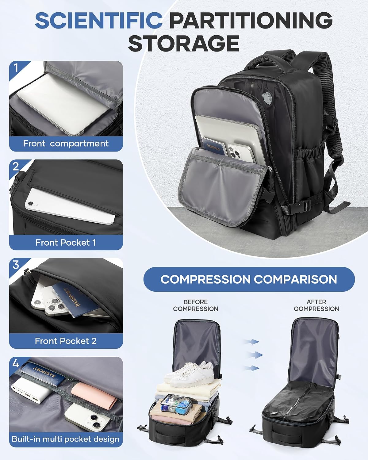 Detalle de VENATIN Zaino da Viaggio con Sottovuoto – Zaino compressione sottovuoto con pompa integrata, 40x30x20 cm, nero