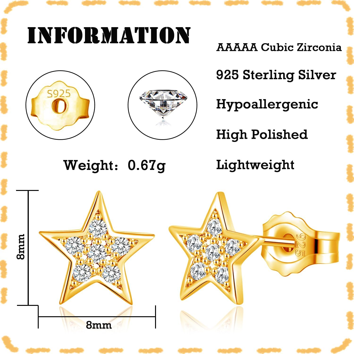 Thumbnail 1 de Deyanse 925-Sterling-Silber Ohrstecker mit Stern-Mond-Herz und Zirkonia (8 mm) – Schlafen-Knorpel geeignet