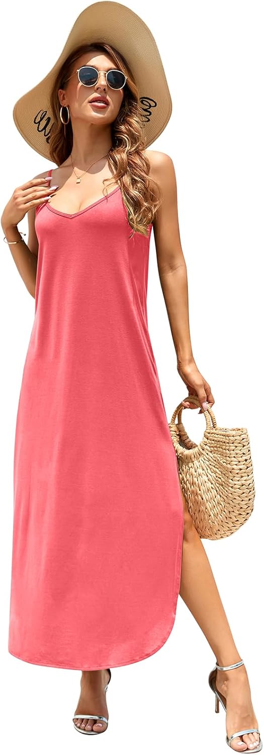 Detalle 2 de HUSKARY Women’s Summer Casual Sleeveless V-Neck Strappy Split Loose Dress (Beach Cover-Up Maxi) with Pocket