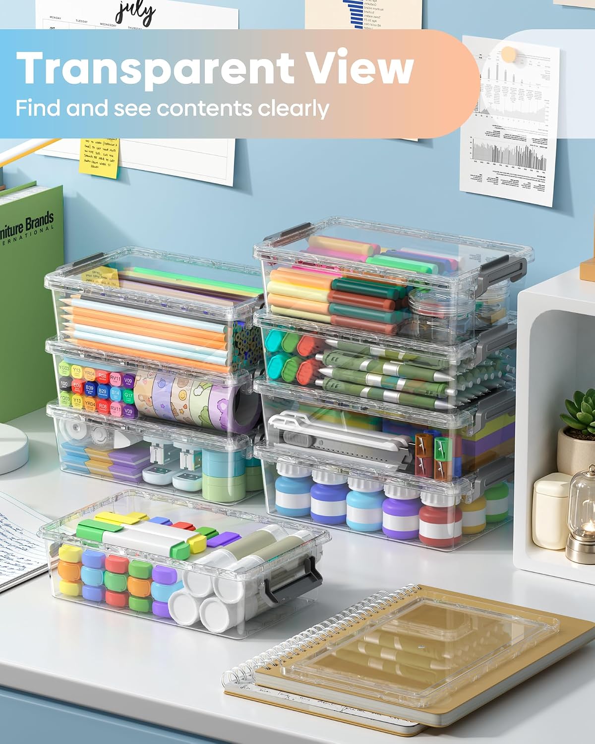 Detalle 2 de BiuLeon U4 Pencil Box Set, 8-Pack Stackable Clear Plastic Organizers