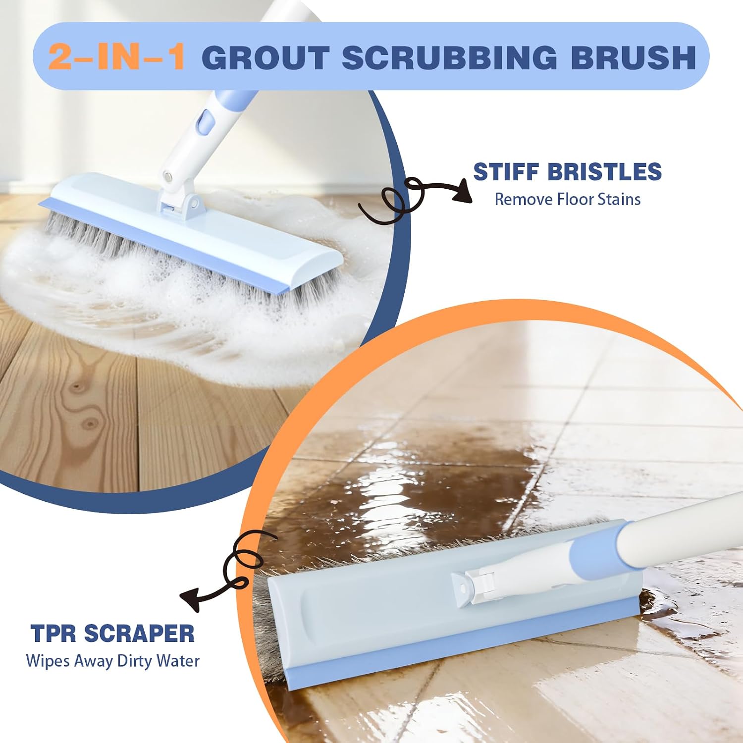 Detalle de XXFLOWER 2 In 1 Floor Scrub Brush with Squeegee Edge – 180° Adjustable Handle for Tile, Bathroom, Patio