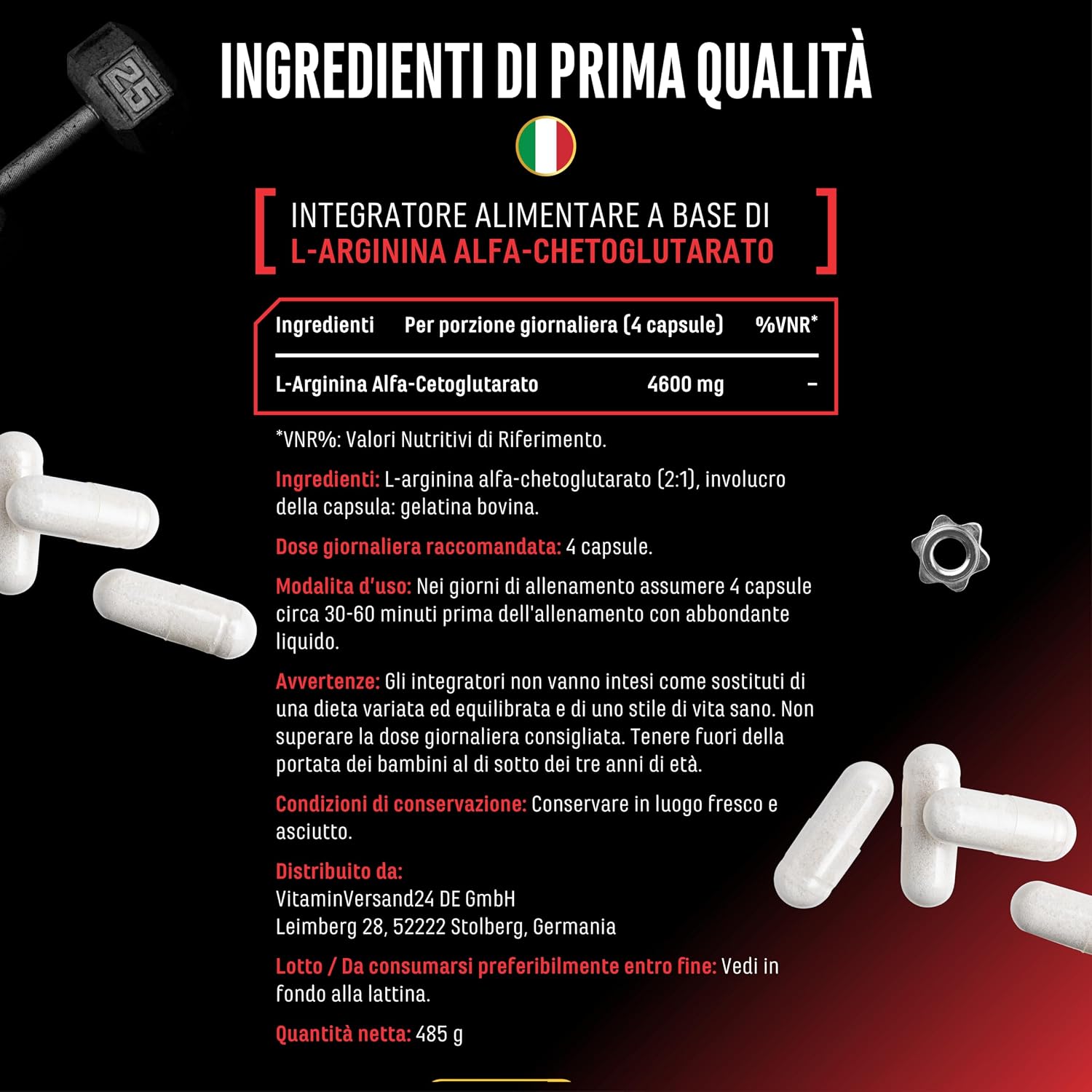 Detalle de AAKG Ultra Caps di GEN German Elite Nutrition: 365 capsule con 1.150 mg di L-arginina alfa-chetoglutarato