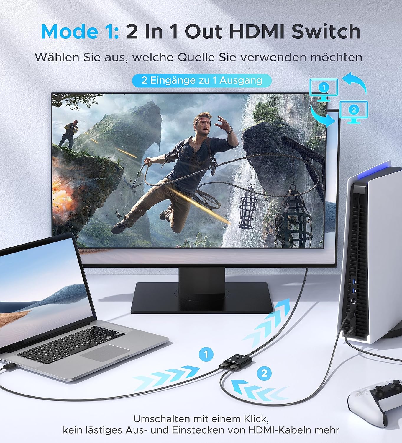 Thumbnail 1 de WARRKY HDMI Switch 4K@60Hz: 2 Eingänge zu 1 Ausgang, Aluminiumgehäuse, HDCP 2.2, 3,3 ft Kabel