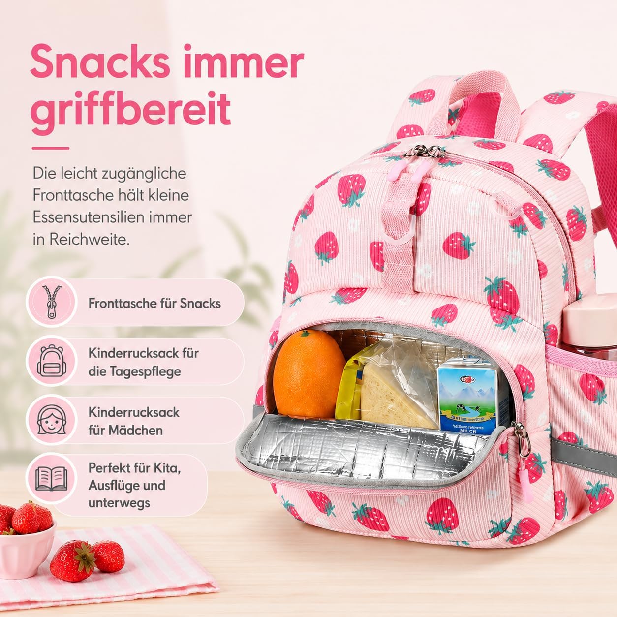 Detalle de LOIDOU Kleinkind-Rucksack Mädchen 12 Zoll – Rosa Erdbeeren & Blumen, 8 L, isolierte Fronttasche