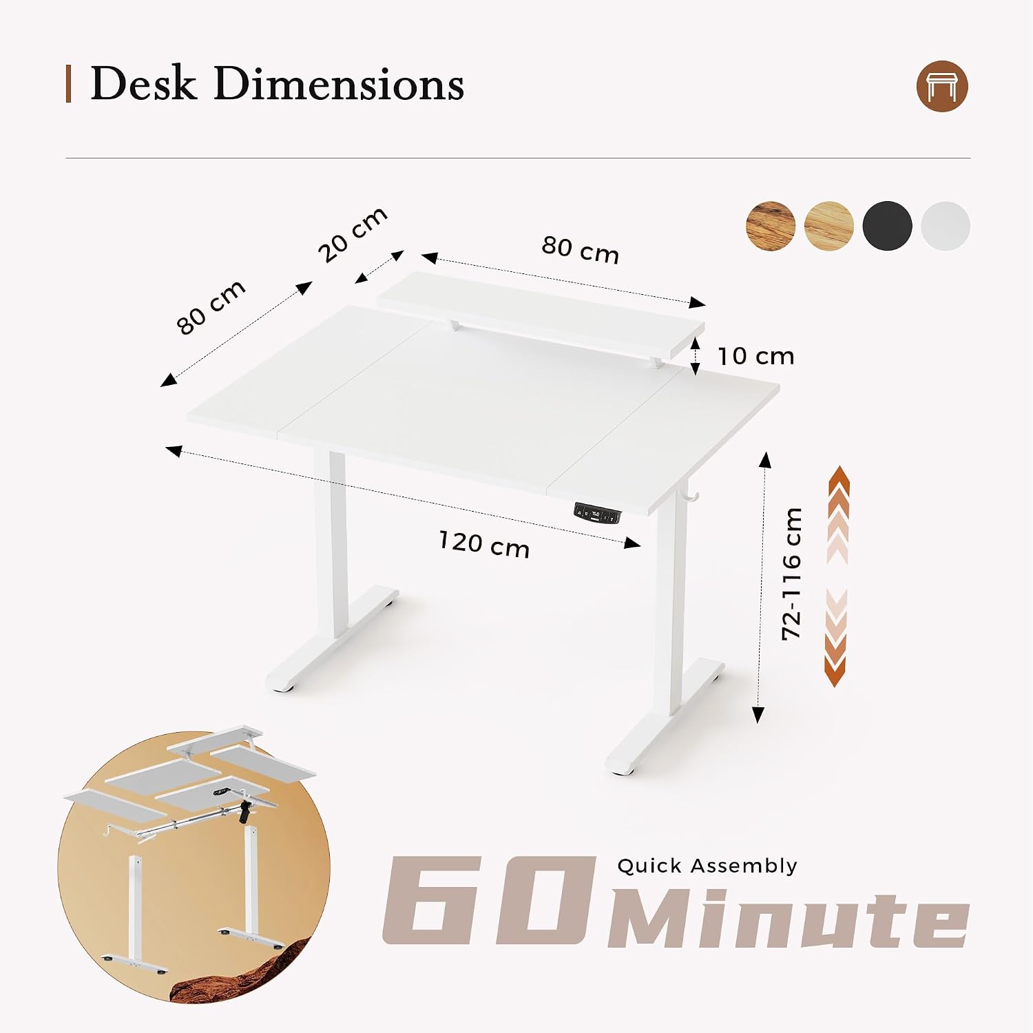 Thumbnail 1 de Klicelor Electric Height Adjustable Desk with Movable Monitor Stand, 120x80cm, 72-116cm Height, 2 Memory Buttons, White