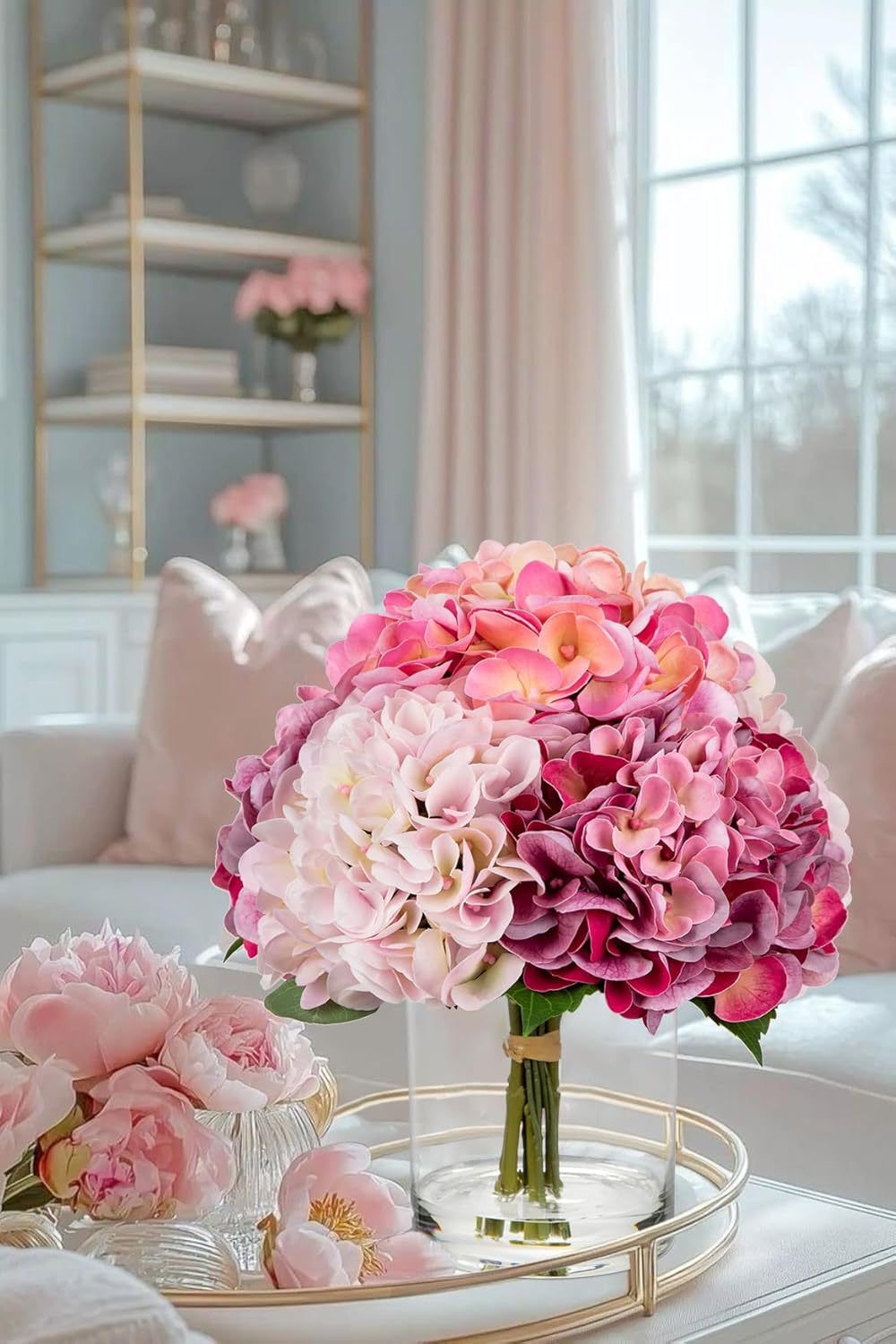 Thumbnail 2 de Oairse Kunstblumen mit 5 Hortensien in Glasvase – Real Touch Kunstwasser für Hochzeit, Zuhause & Hotel