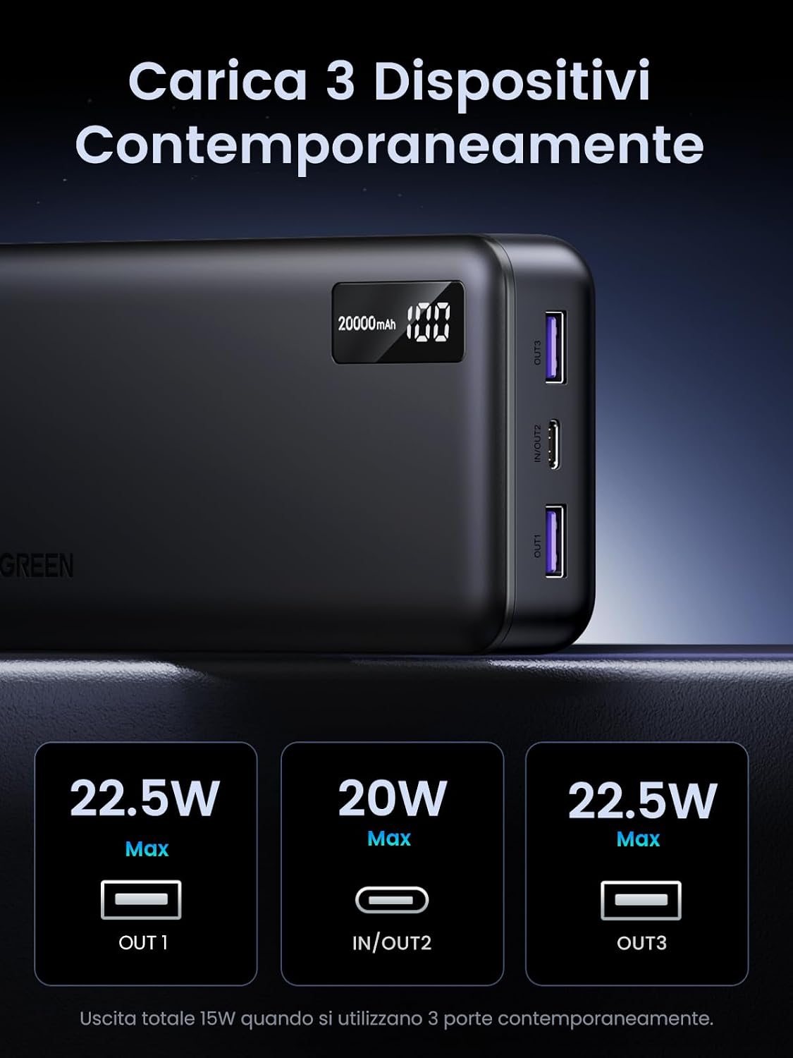 Detalle 2 de UGREEN Power Bank 20000mAh 22.5W batteria esterna con cavo USB‑C