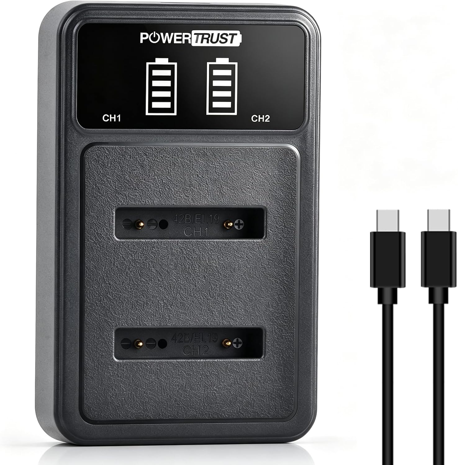 Detalle 2 de PowerTrust 2Pcs 1200mAh Li-42B Li-40B EN-EL10 Battery + LED Dual Charger with USB and Type-C for NP-45, NP-80, NP-82, KLIC-7006