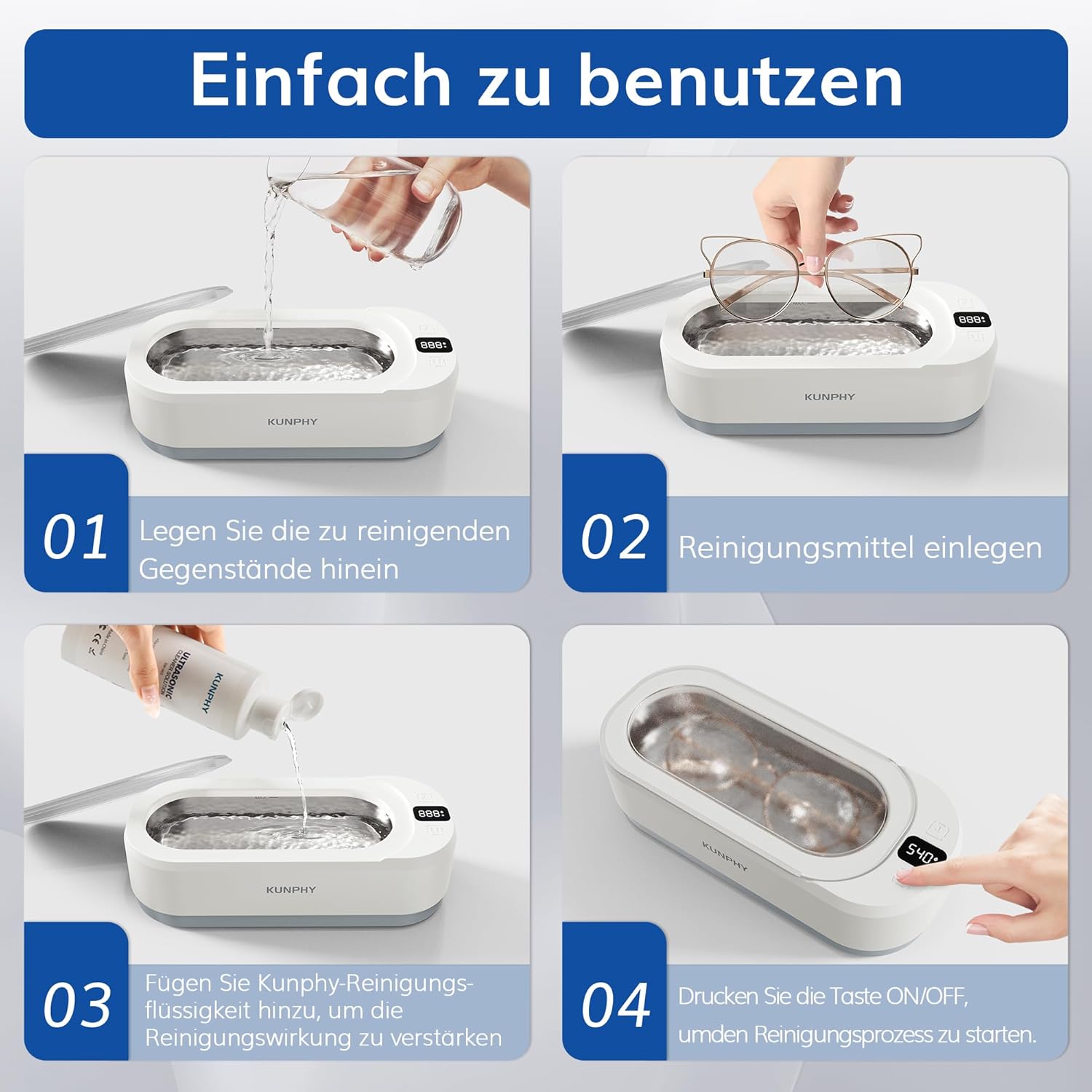 Detalle de Kunphy Nettoyeur à ultrasons 48 kHz (350 ml) avec minuterie numérique pour lunettes, bijoux et petites pièces