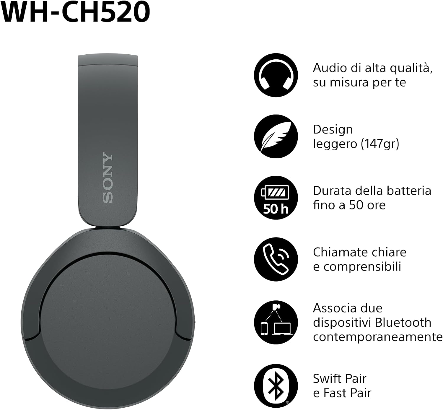Thumbnail 3 de Sony WH-CH520: cuffie wireless leggere con multipoint e lunga autonomia