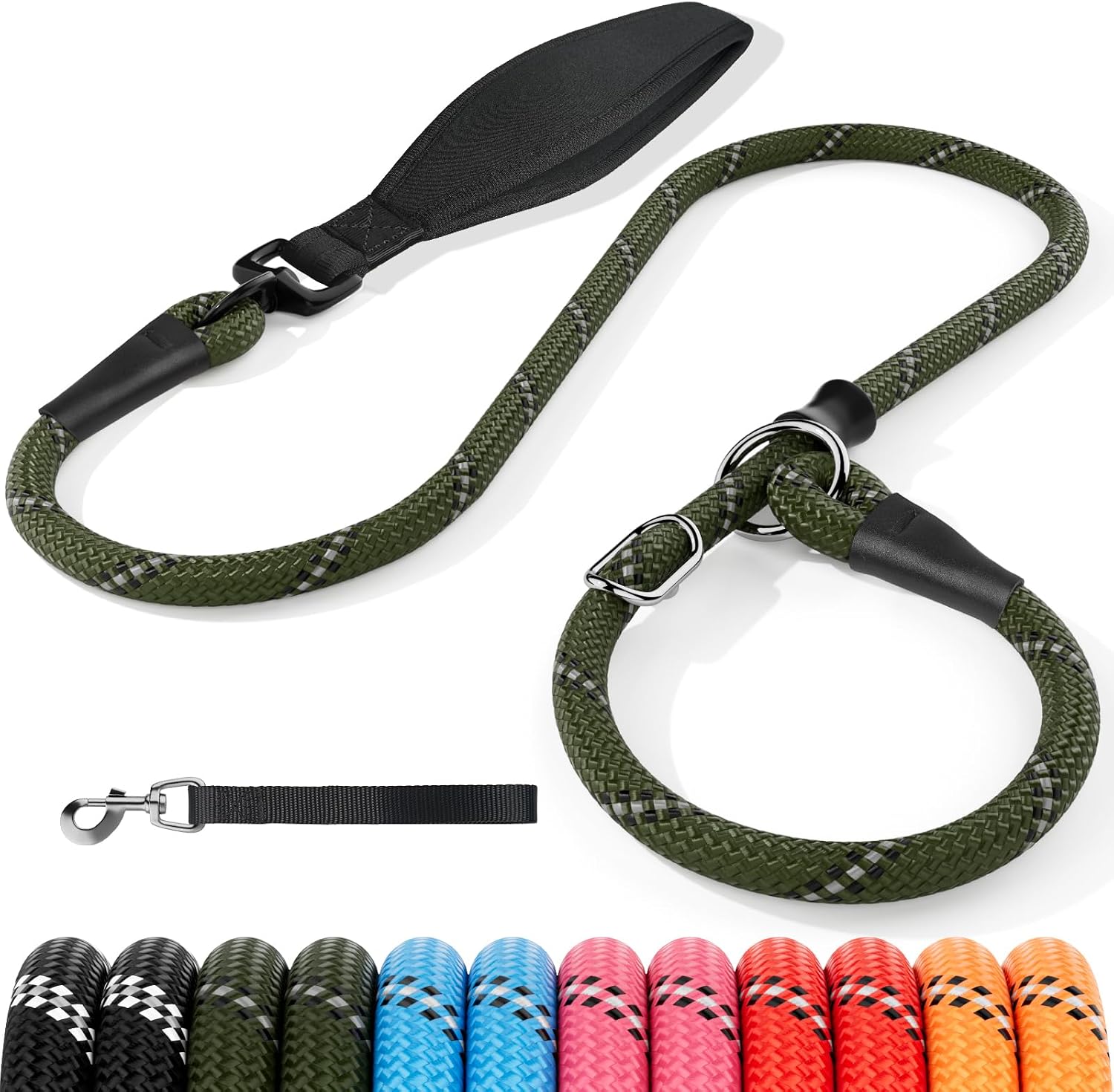 Detalle de Kdsvakd slip lead for dogs (anti-pull) with 360° padded handle and reflective adjustable slip collar, army green 13mm x 1.5m