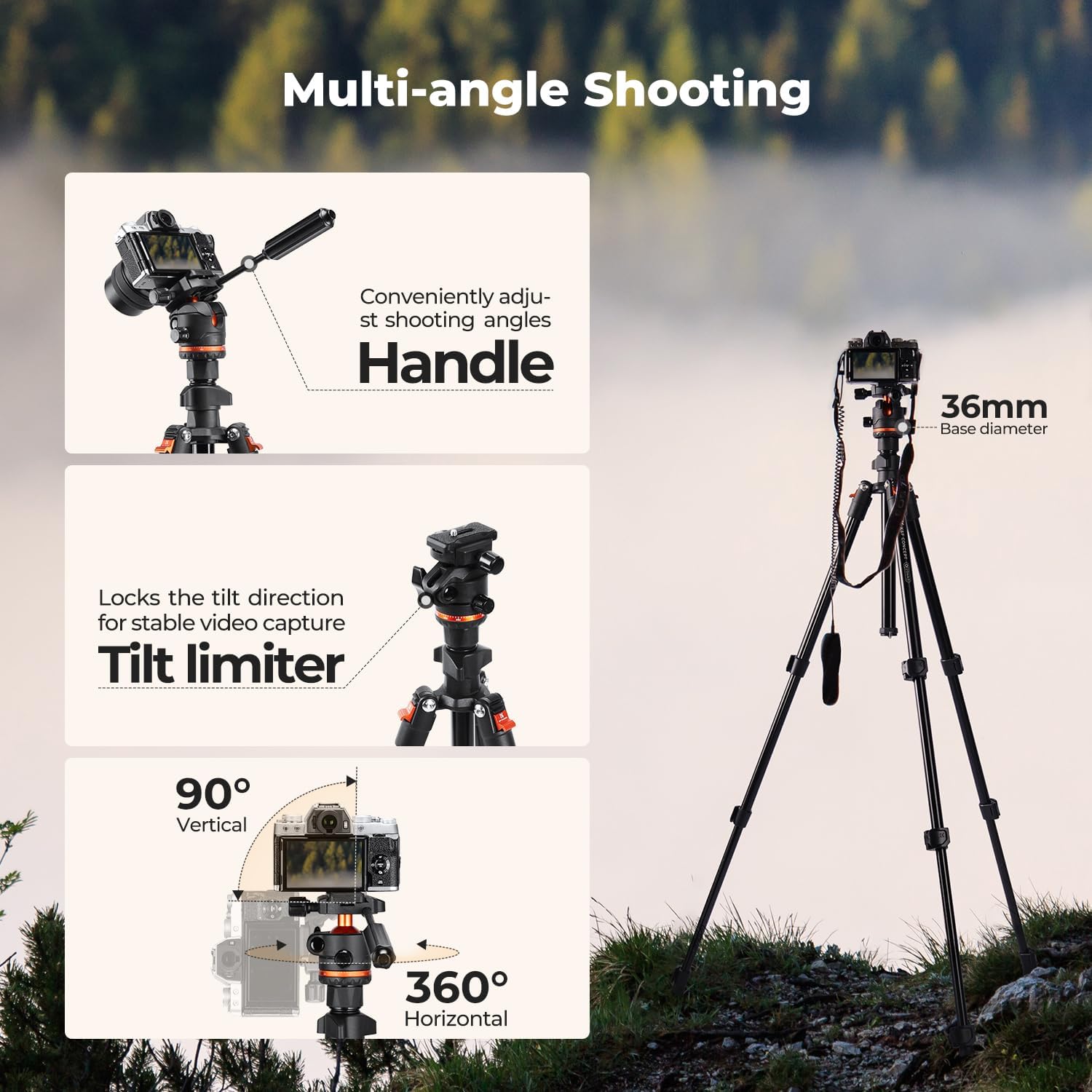 Detalle de K&F CONCEPT 71"/182cm Camera Tripod with Handle and Tilt Limiter