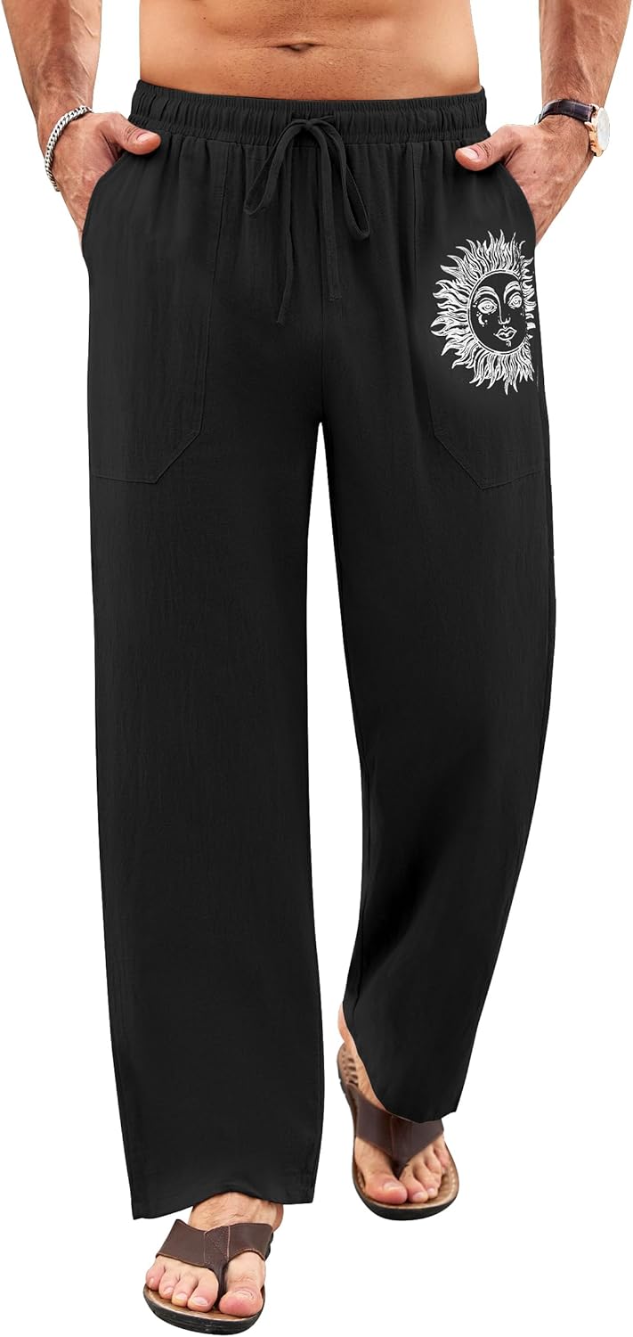 Detalle de Litthing Pantalon en Lin Homme — Pantalons de Jogging estivals en coton-lin, coupe ample et poches, confort léger