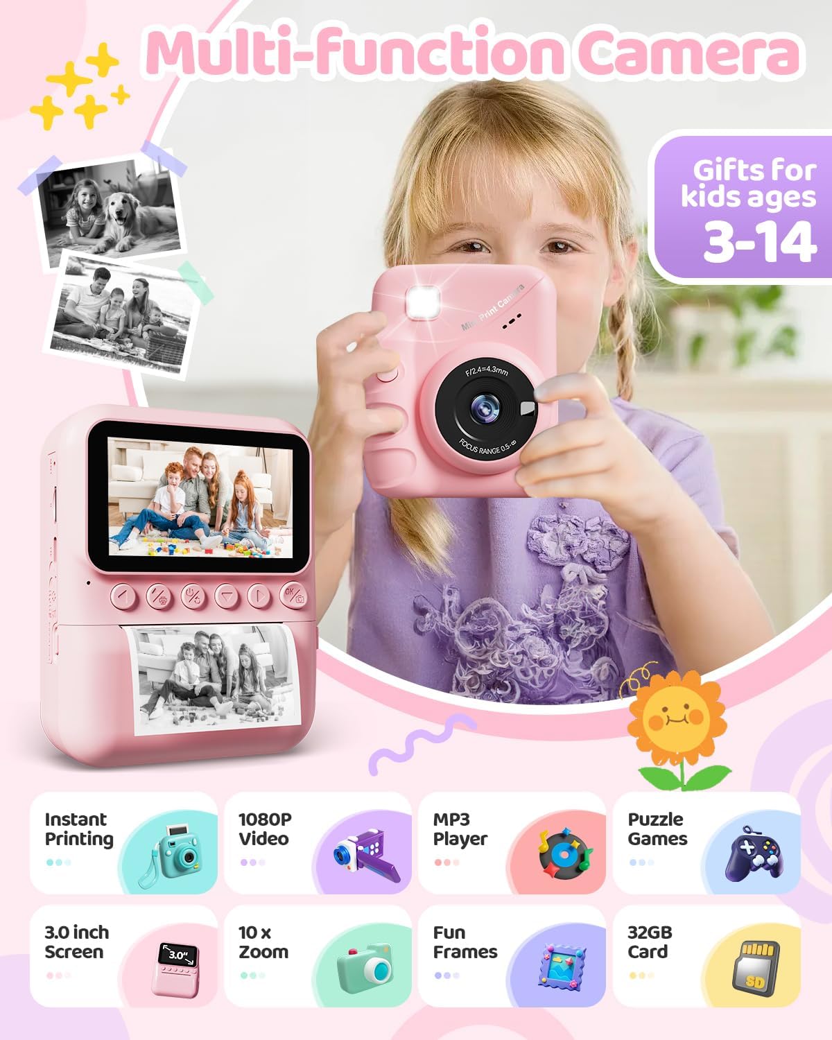 Detalle 2 de TIATUA Macchina Fotografica Bambini Istantanea 3.0" | 32GB + 3 Rotoli di Carta - Rosa