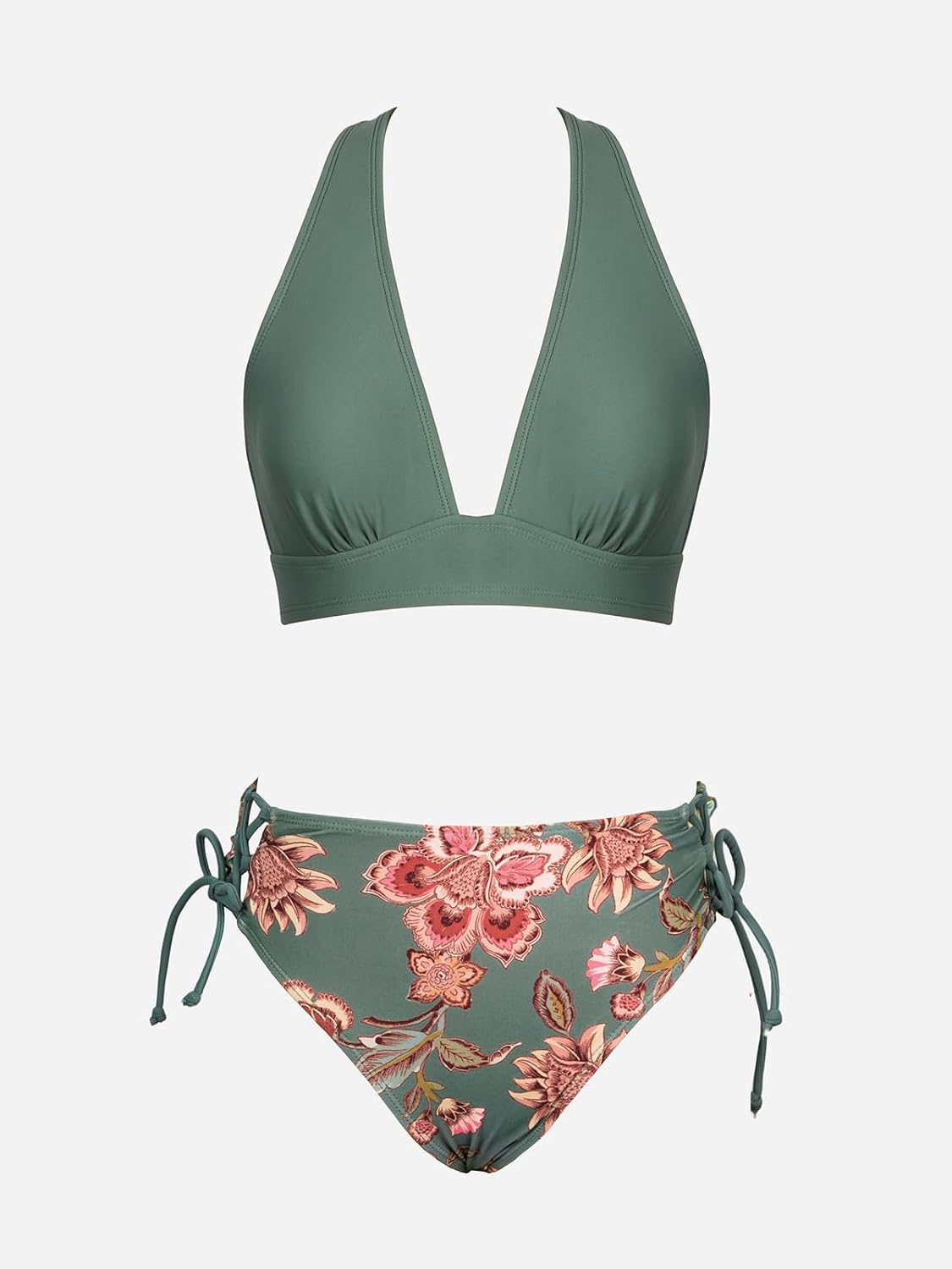 Detalle de CUPSHE Damen Bikini Set V-Ausschnitt Lace Up – Vintage Blüten, Kreuzträger und Tiefes Bunddesign