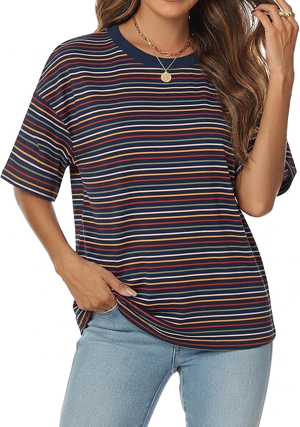 Detalle 2 de Cuptacc Damen Oversize T-Shirt Rundhals – Streifen-Tunika für Sommer, locker und vielseitig