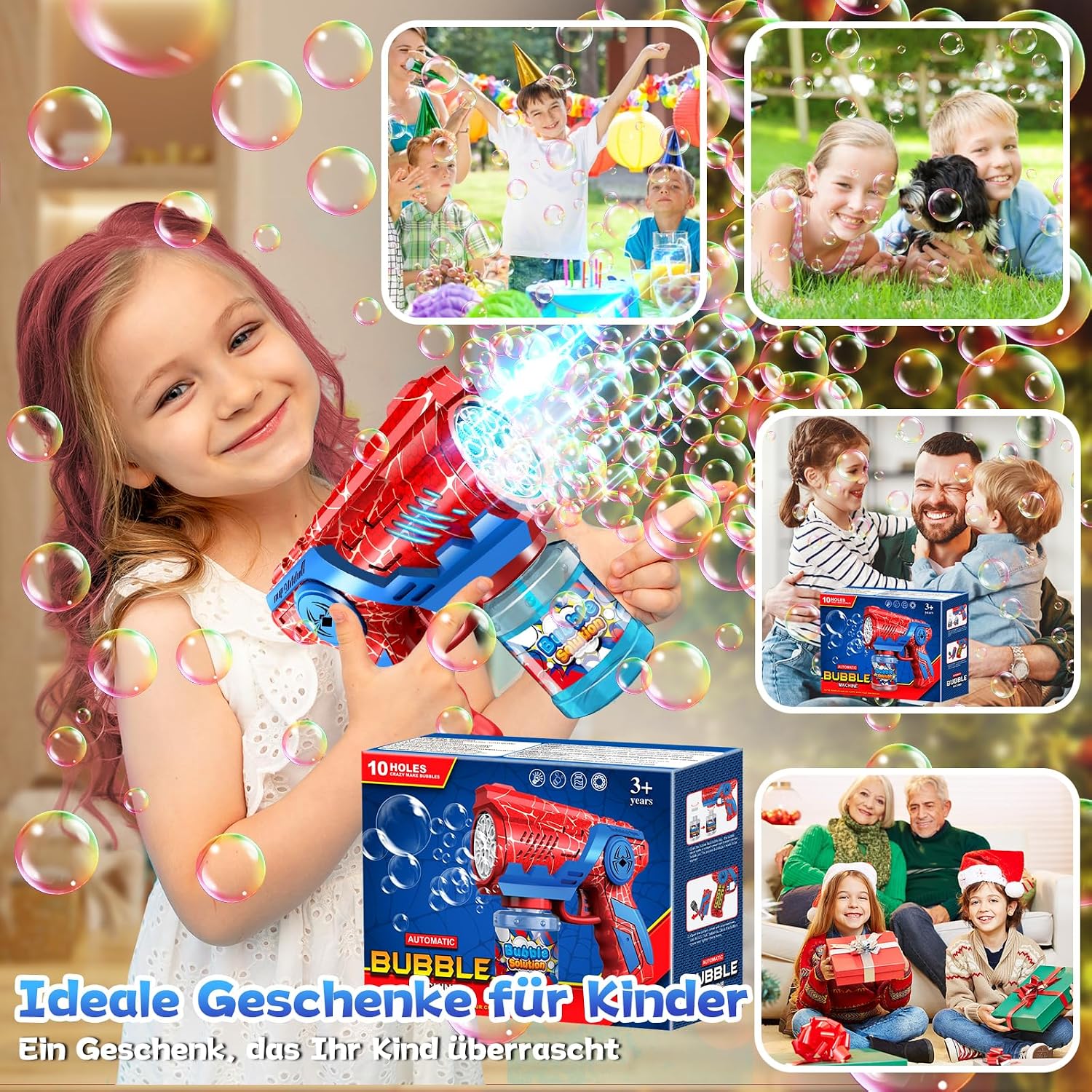 Detalle de Seifenblasenmaschine Kinder Automatische Seifenblasen Pistole mit LED-Licht (110 ml) – Blau/Rot