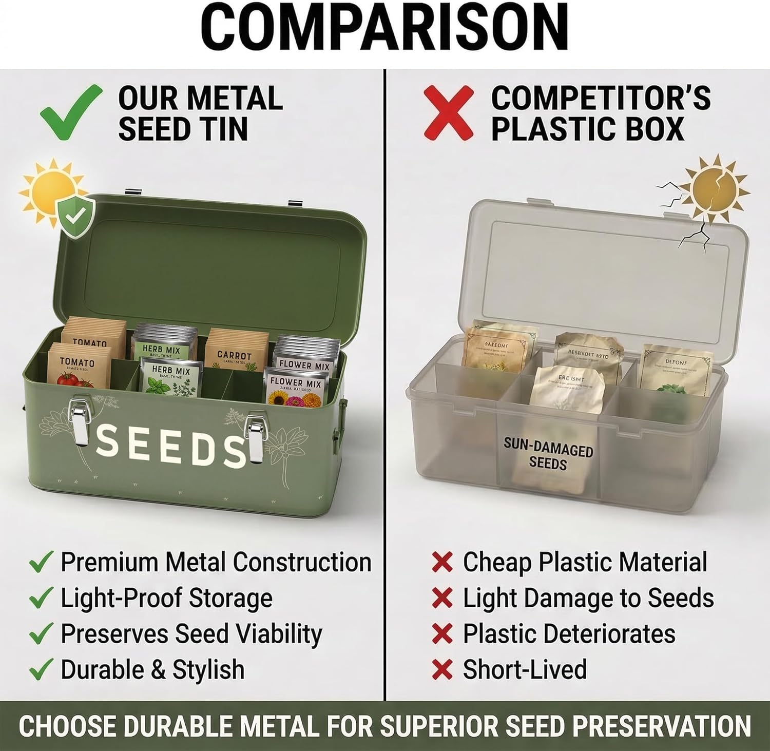 Thumbnail 4 de Orionstar Seed Storage Organiser: metal seed saving box with lid, 4 compartments & storage set