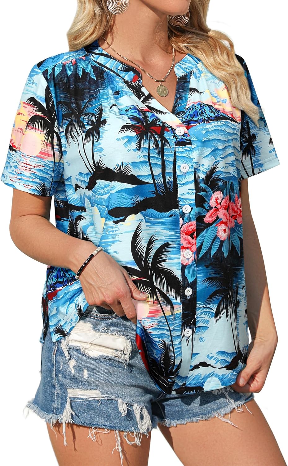 Detalle de WIEIYM Womens Hawaiian Floral V-Neck Short Sleeve Shirt