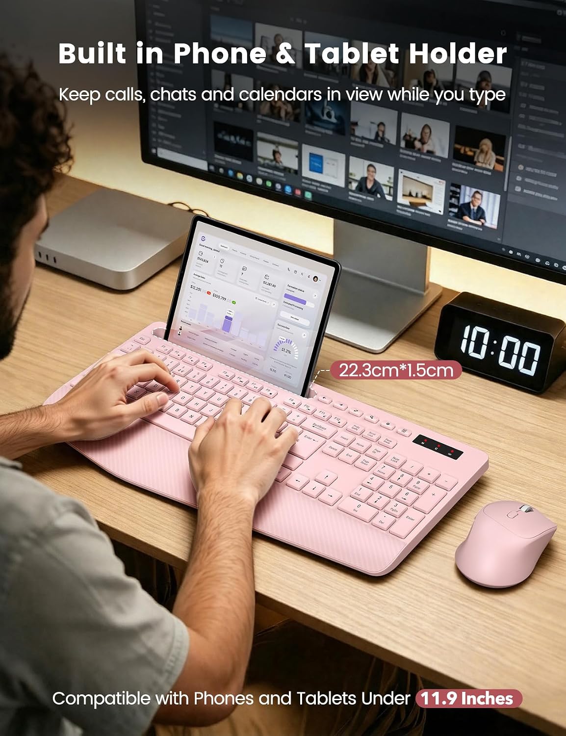Detalle de Wireless Keyboard and Mouse Combo (Pink) — Full-Size, Ergonomic with Wrist Rest