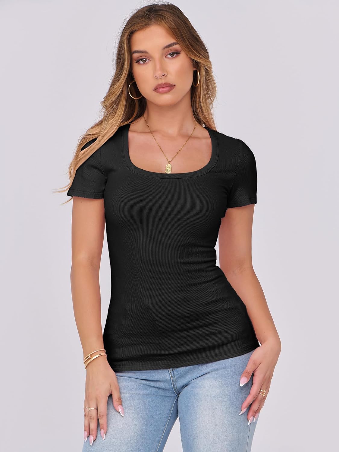 Detalle 2 de ANRABESS Scoop Neck Slim Tee XS–3XL