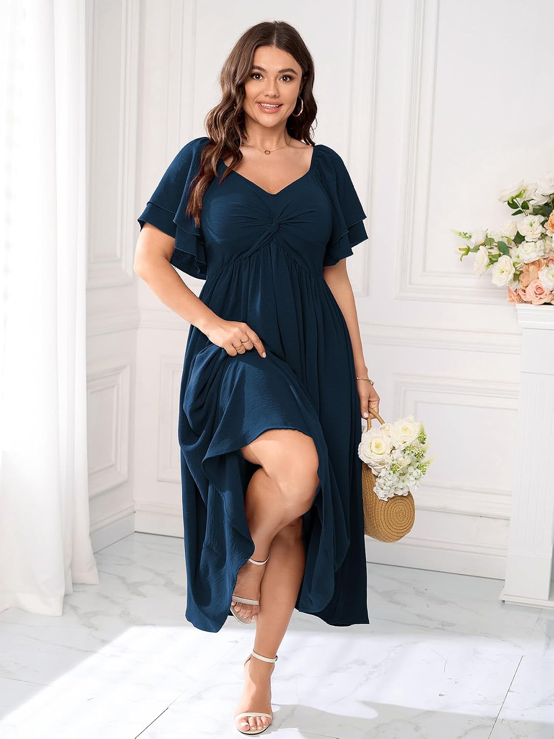 Thumbnail 4 de SCOMCHIC Women's Plus Size Wedding Guest Cocktail Dress with Sweetheart Neckline and Ruffle Sleeves