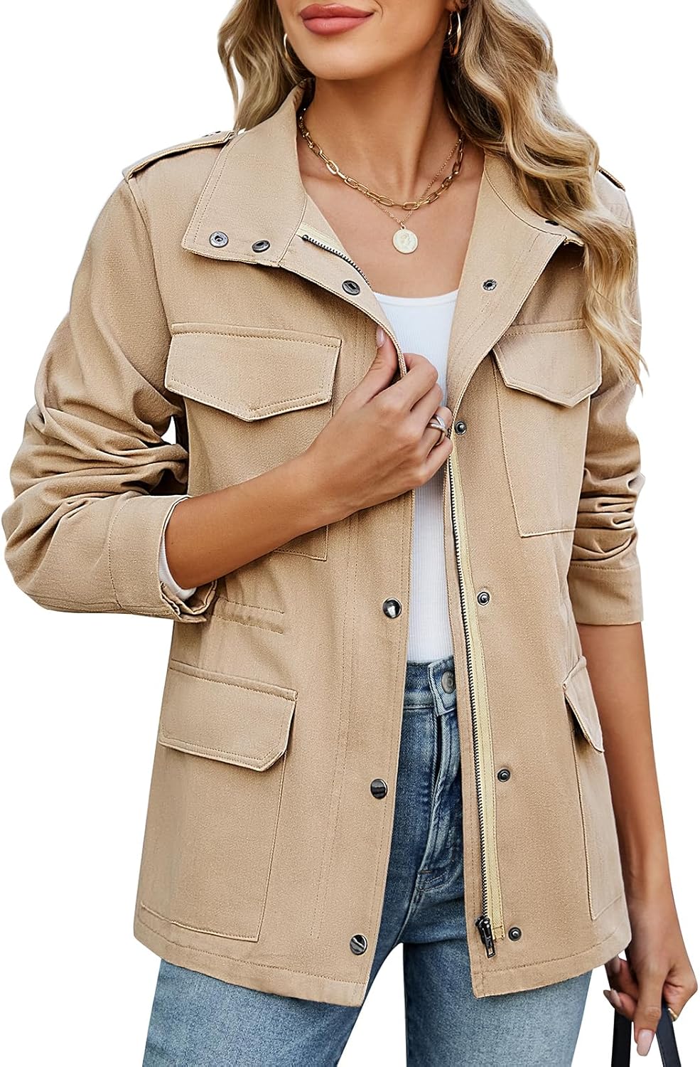 Thumbnail 6 de Tuopuda women’s cotton military jacket with stand-up collar and multiple pockets