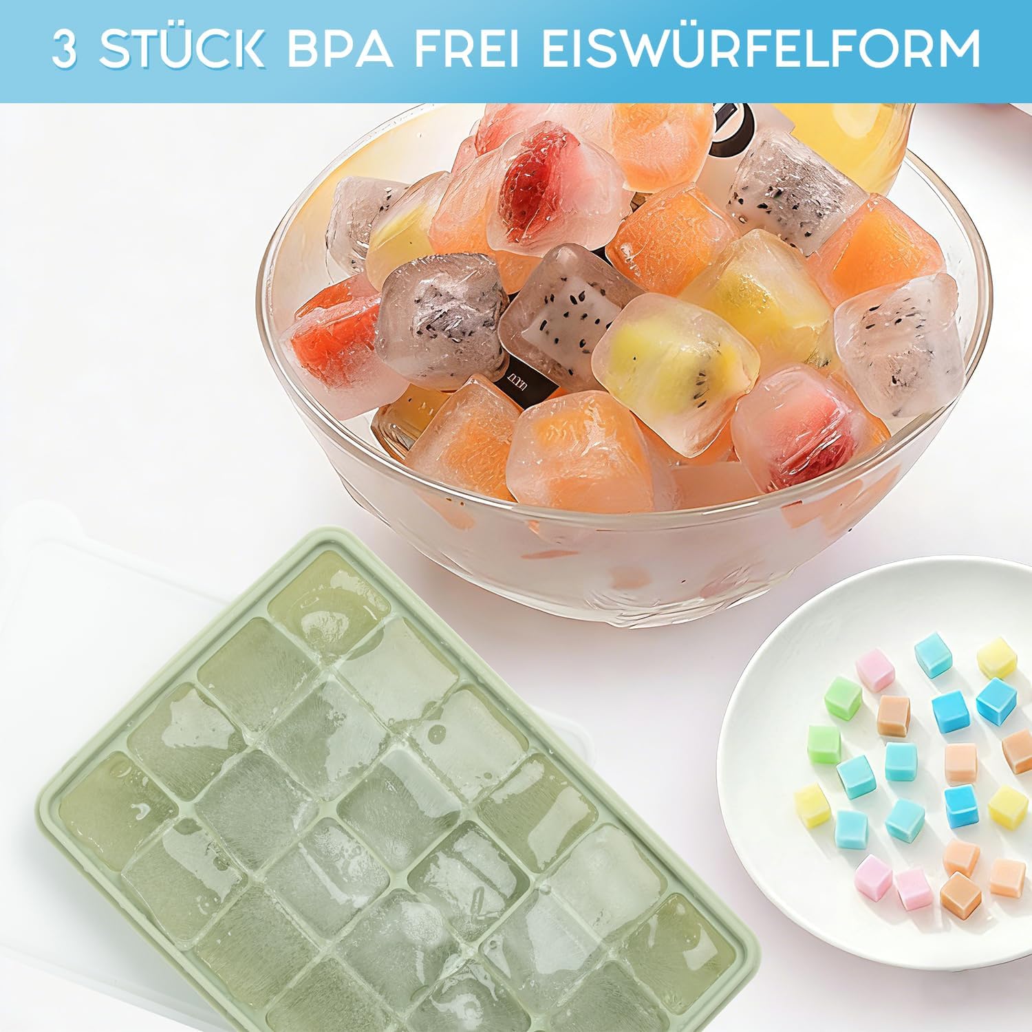 Thumbnail 3 de Eiswürfelbehälter mit Deckel – 24 Fächer, Silikon, BPA-frei, 3 Stück (2x2x2 cm) – wiederverwendbar
