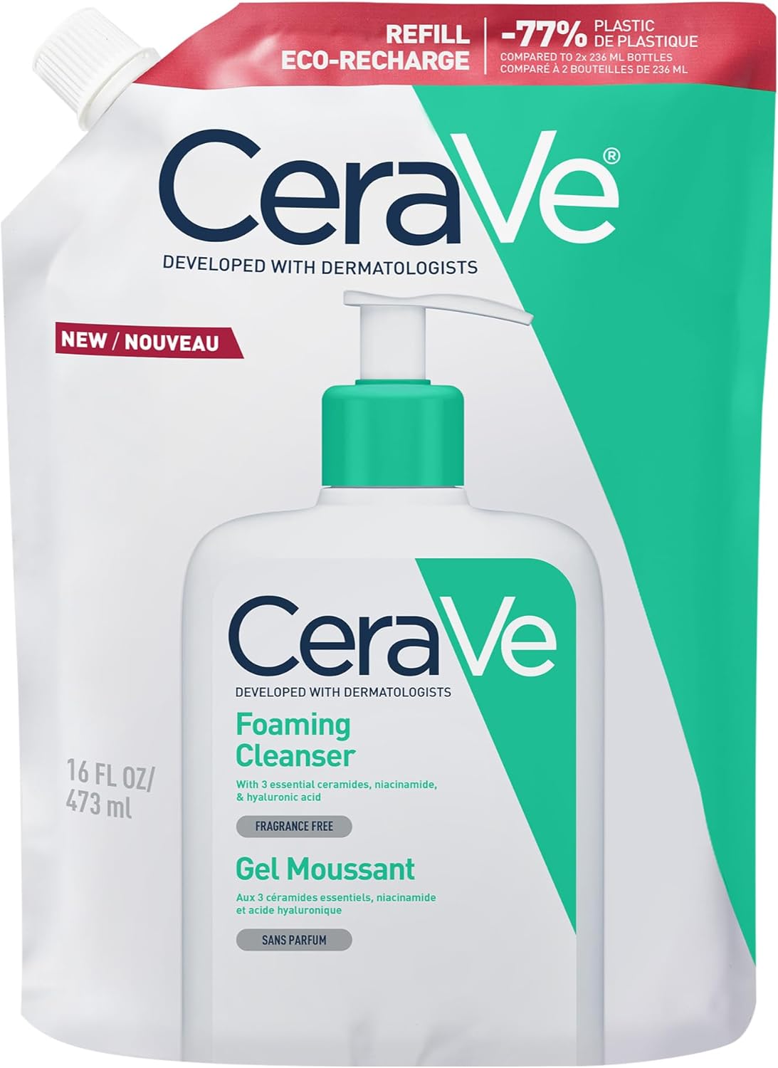 Detalle de CeraVe Hydrating Foaming Cleanser for Normal to Oily Skin (Refill Pouch, 473ml) with Hyaluronic Acid and 3 Ceramides