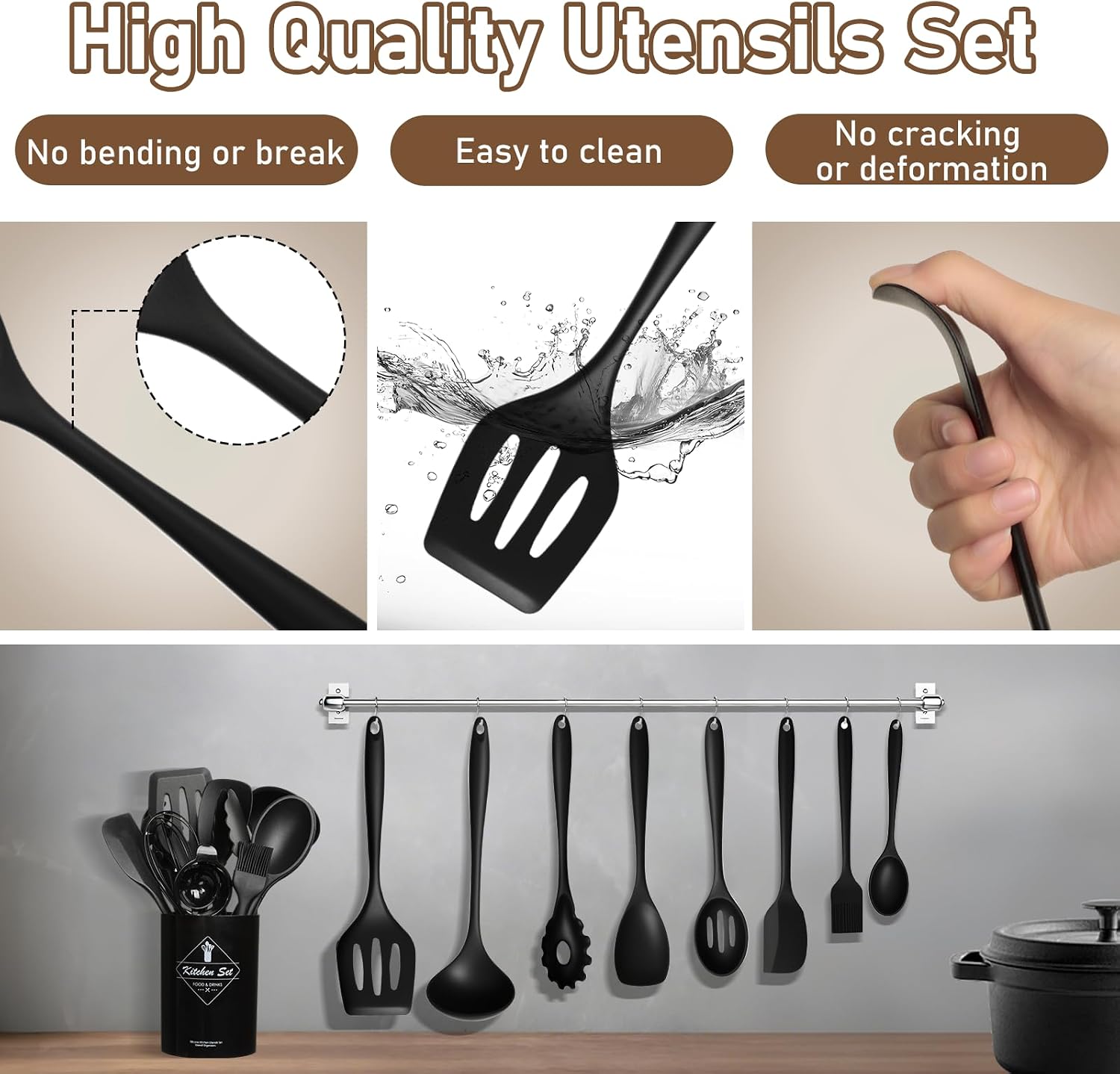 Detalle 2 de VINATO 12-Piece Silicone Kitchen Utensil Set, Black, Dishwasher-Safe
