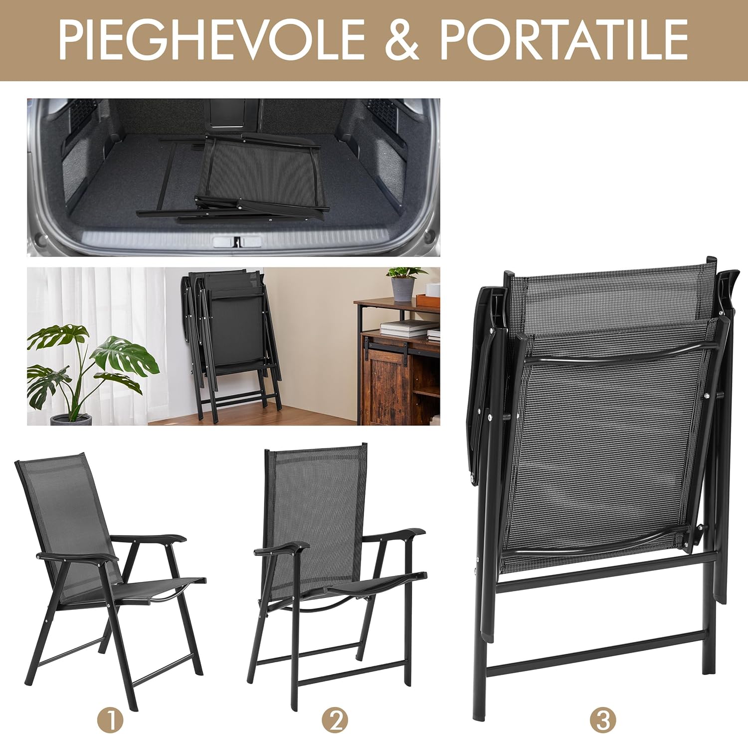 Thumbnail 5 de Yaheetech set di 2 sedie da giardino pieghevoli con braccioli in tessuto Nero