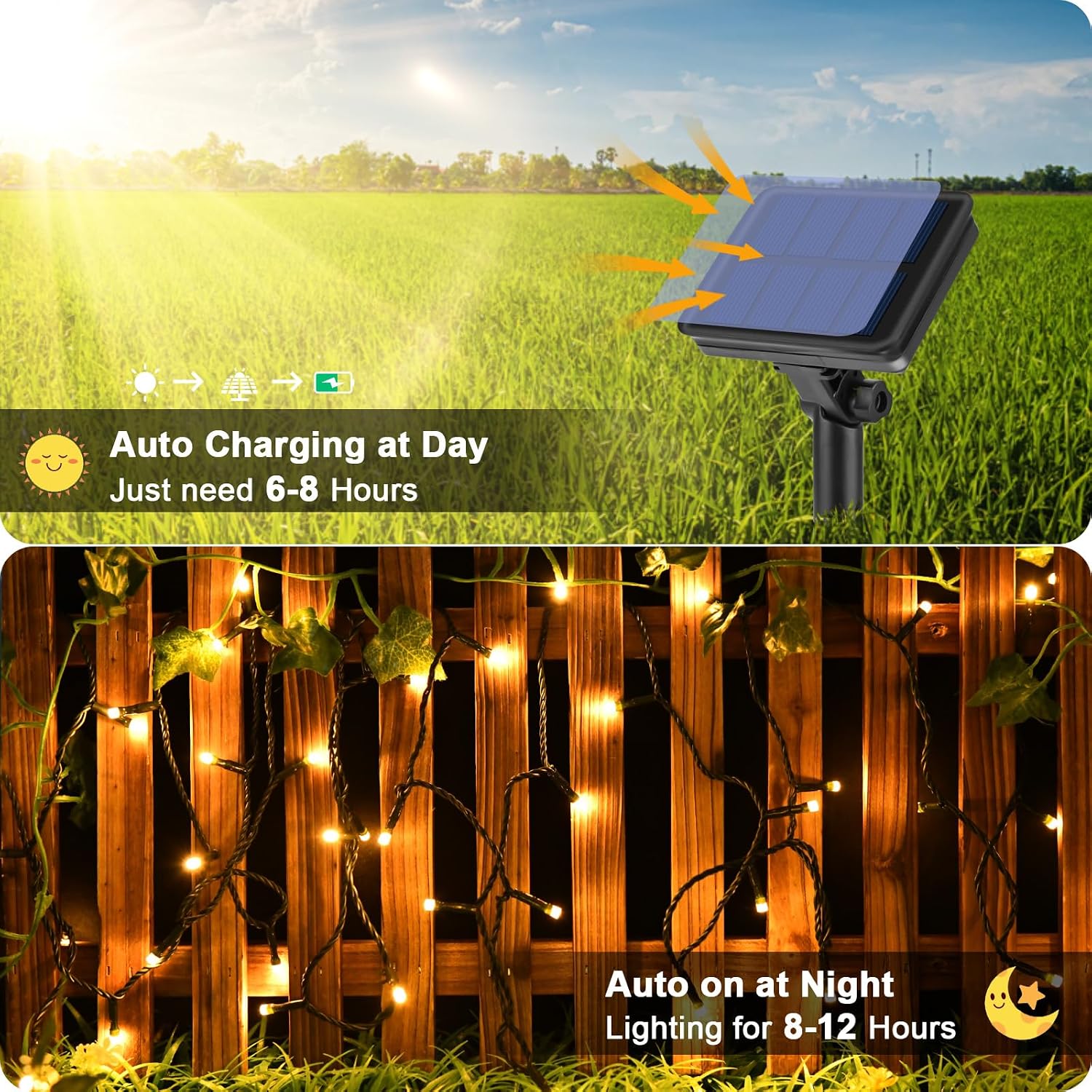 Detalle de Gcstnn Solar String Lights Outdoor, 12M 120 LED – Warm White, 8 Modes, IP65