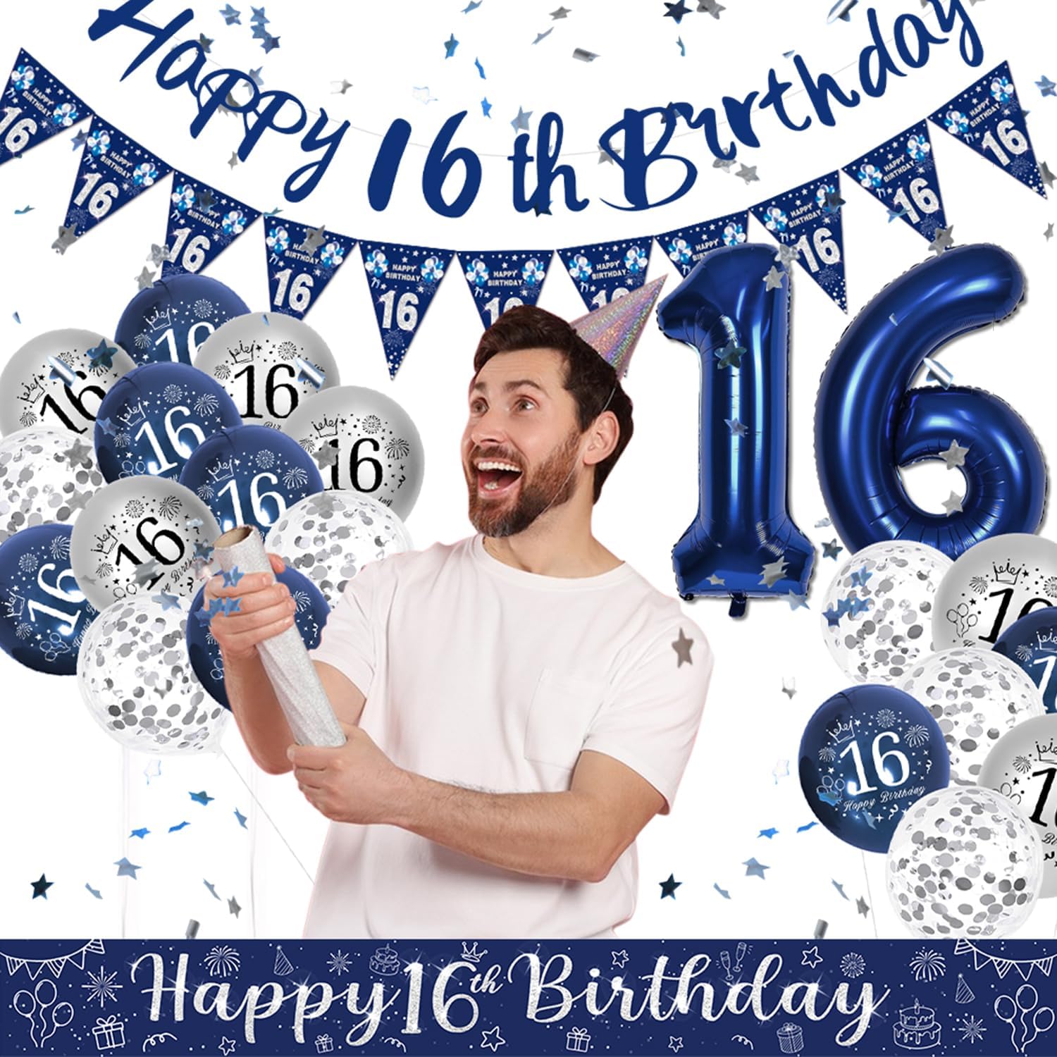 Detalle de VICTERR 16th Birthday Decorations for Boys – Blue & Silver Party Pack