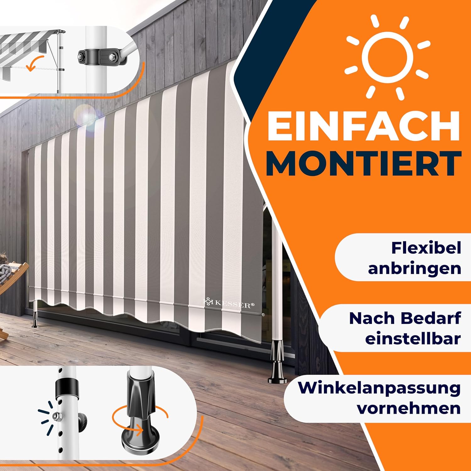 Thumbnail 6 de KESSER Klemmmarkise mit Handkurbel für Balkon – UV-beständig, höhenverstellbar und wasserabweisend