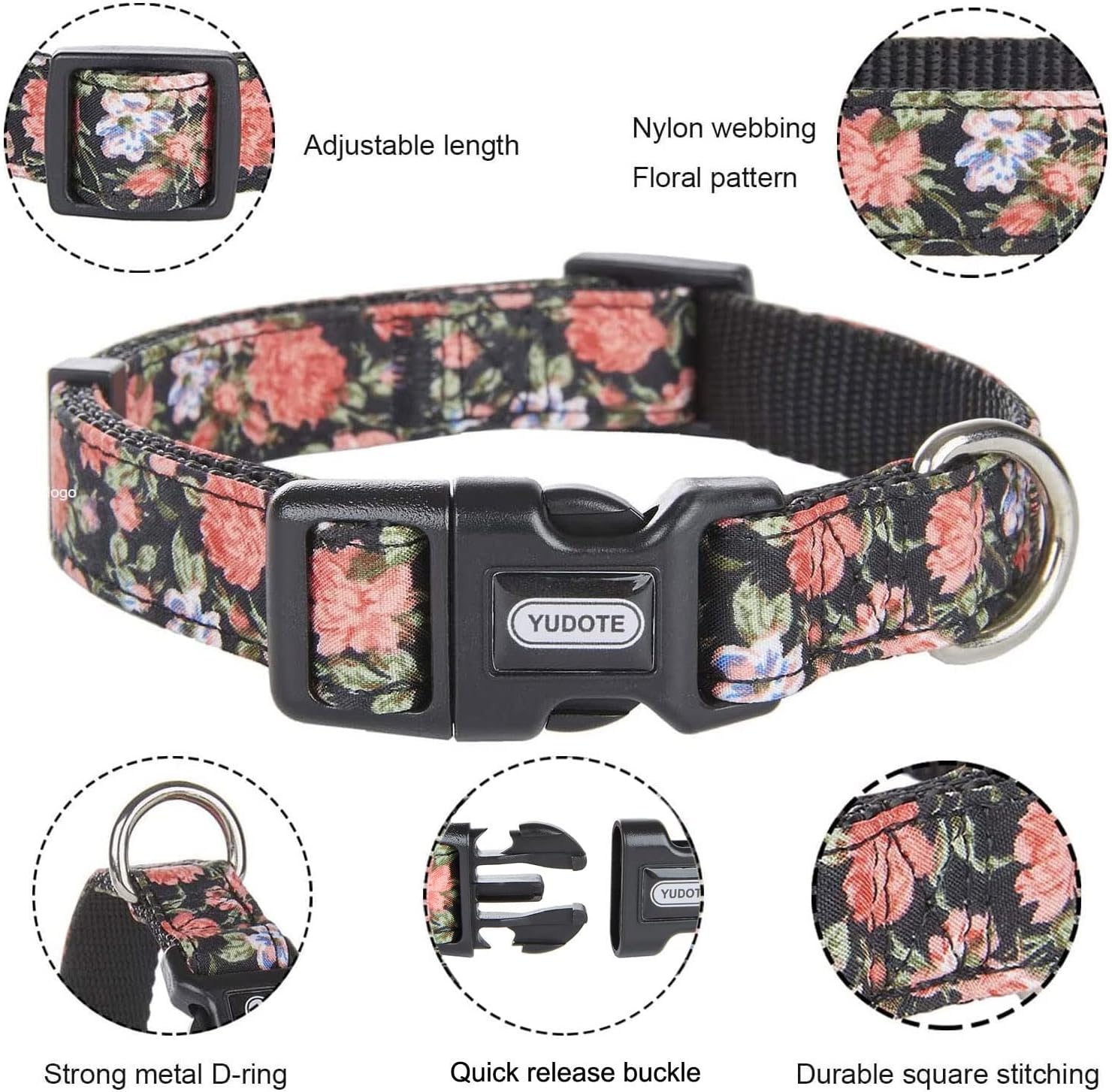 Thumbnail 2 de YUDOTE Peony Flower Printing Dog Collar and Lead Set – 2-Sided Nylon Kit for Small Dogs
