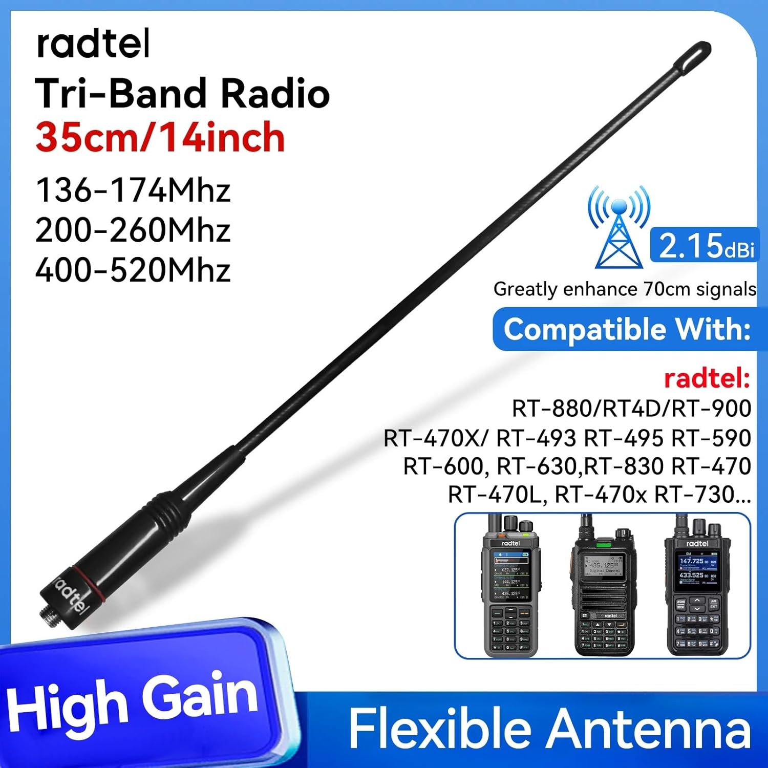 Detalle 2 de Radtel RHD-771S antenna tri-band 35 cm 📡