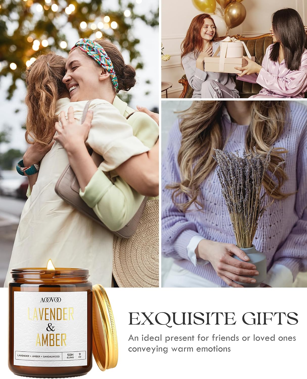 Detalle de AOOVOO Lavender Amber Candles - 9 oz Scented Soy Candle for Home Ambiance