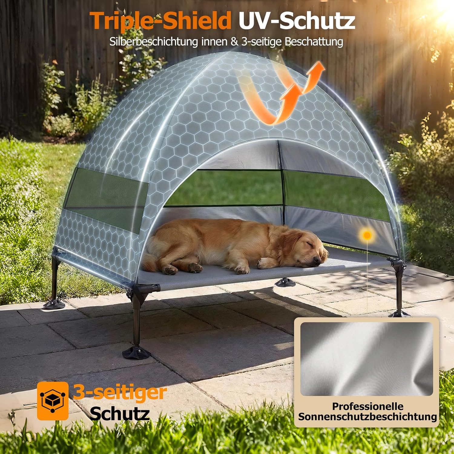Thumbnail 2 de Erhöhtes Hundebett Outdoor mit UV-beständigem Dach – Klappbar, Anti‑Rutsch‑Füße, Hundezelt Grau (L)