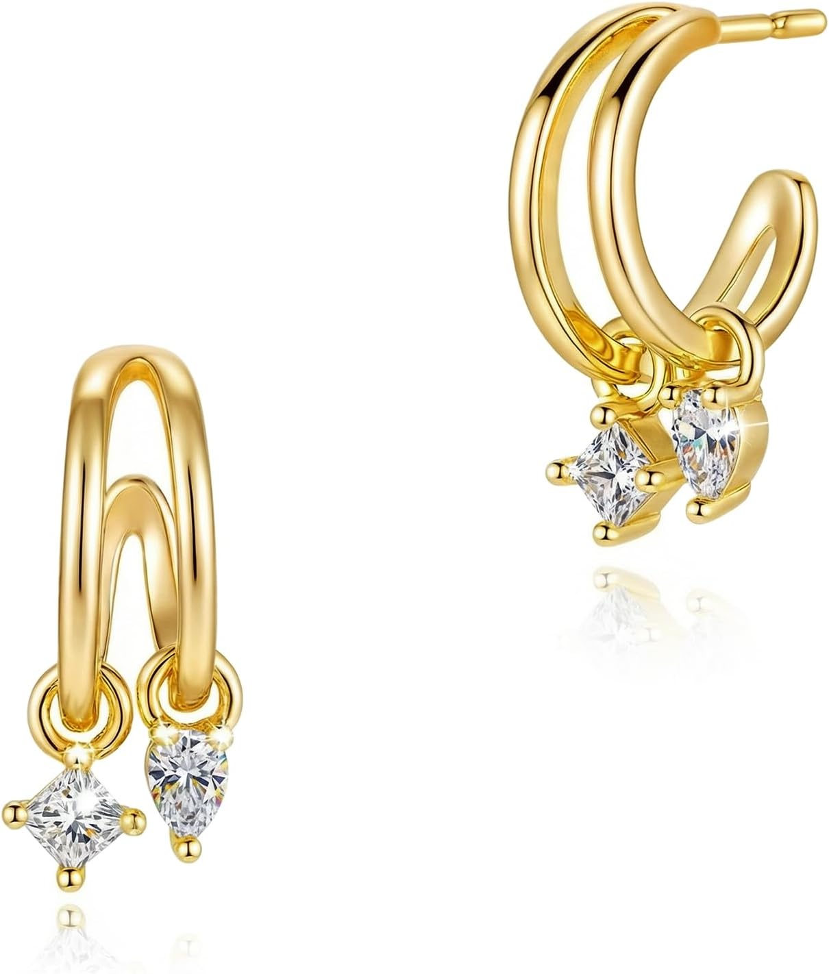 Detalle de HANLI 14K Gold Plated Triple Huggie Hoops: Illusion Cubic Zirconia Studs for Single-Pierced Ears