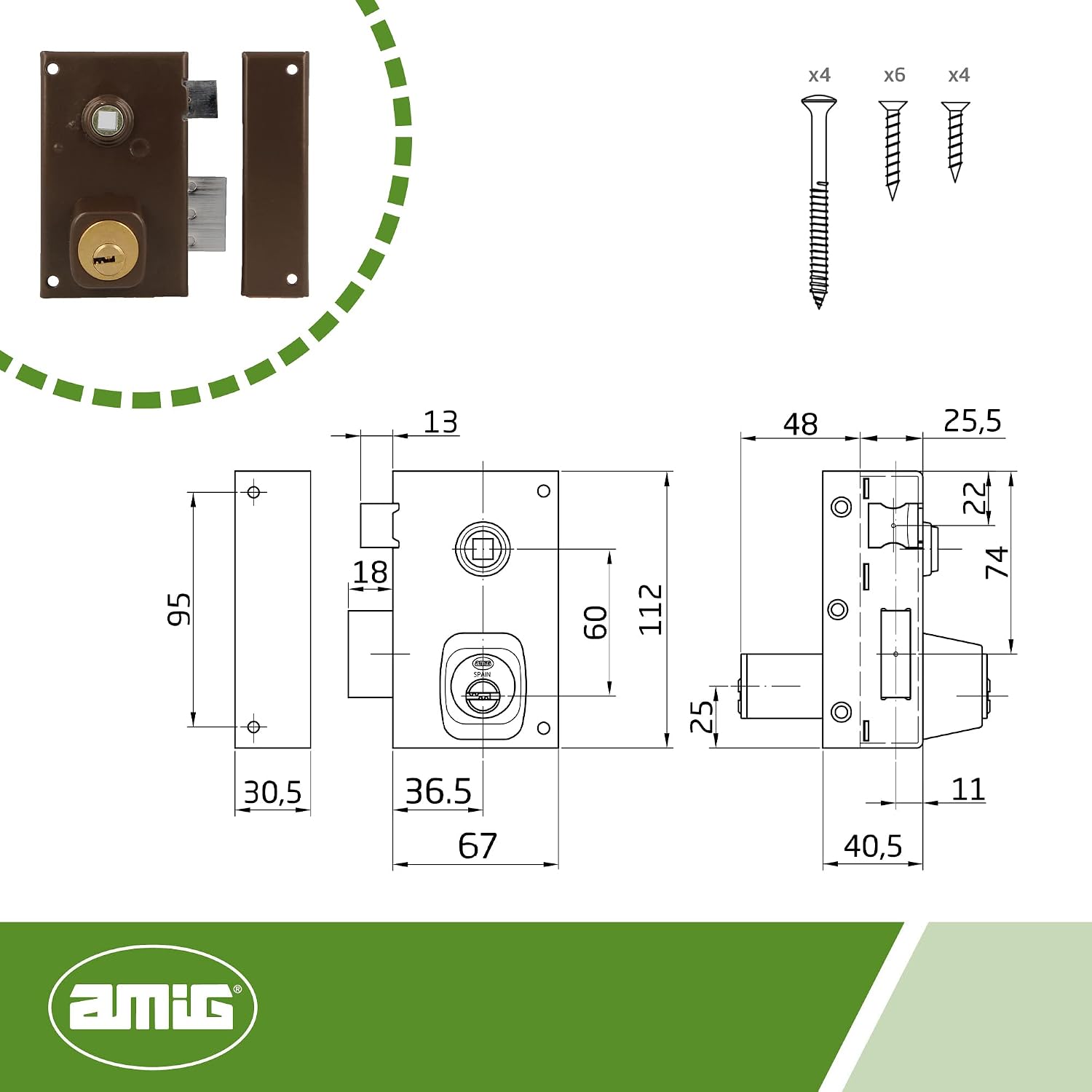 Detalle 1 de Amig 75N prawy zamek do drzwi drewnianych, brązowa stal, cylinder 48 mm