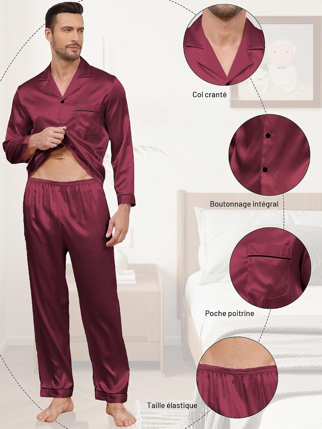 Detalle de Reliwel herenpyjamaset met lange mouwen en lange broek, polyester-elastaan