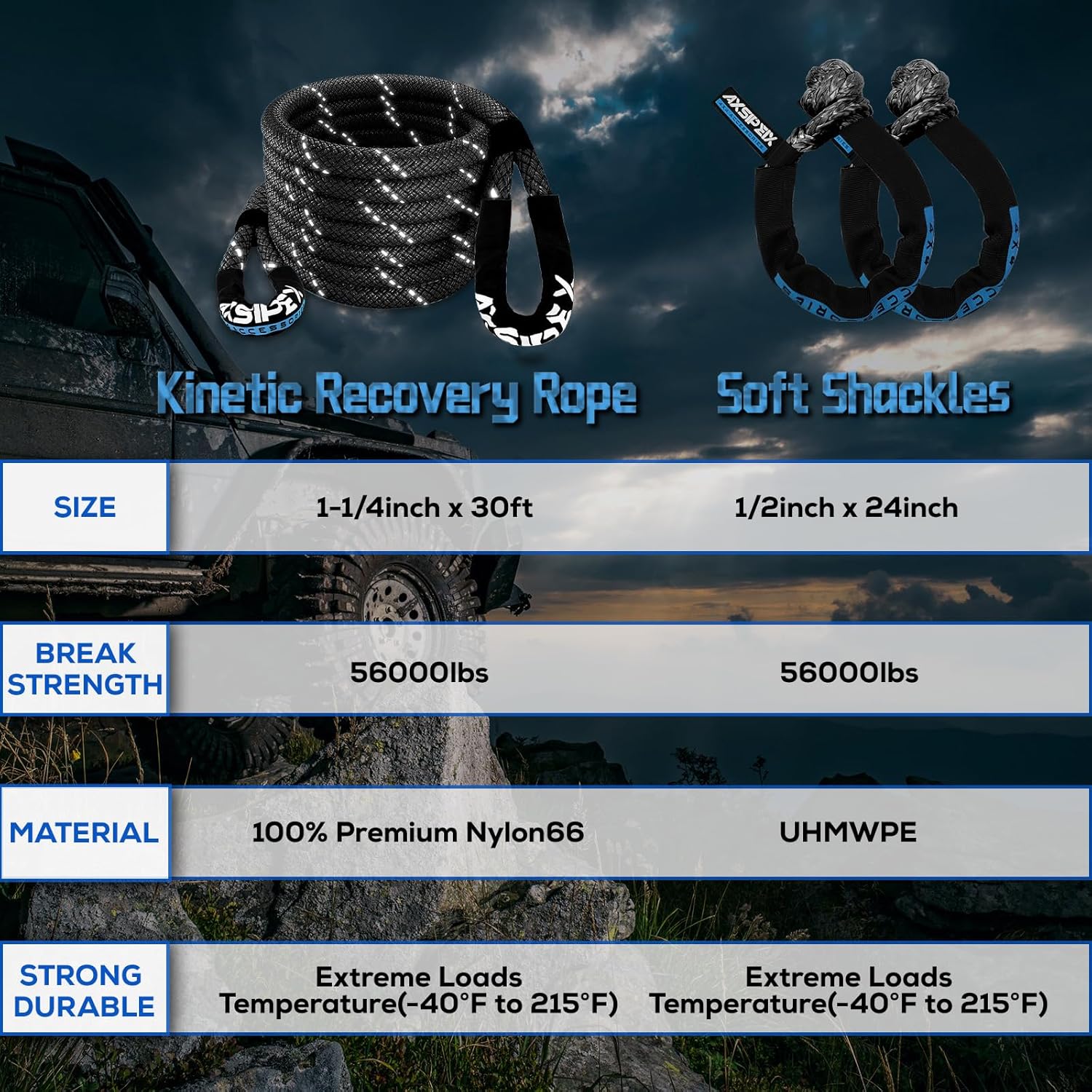Thumbnail 3 de AXSIPEIX Kinetic Recovery Rope Kit (Reflective) — 1.25in x 30ft, 56,000 lb Break Strength with 2 Soft Shackles