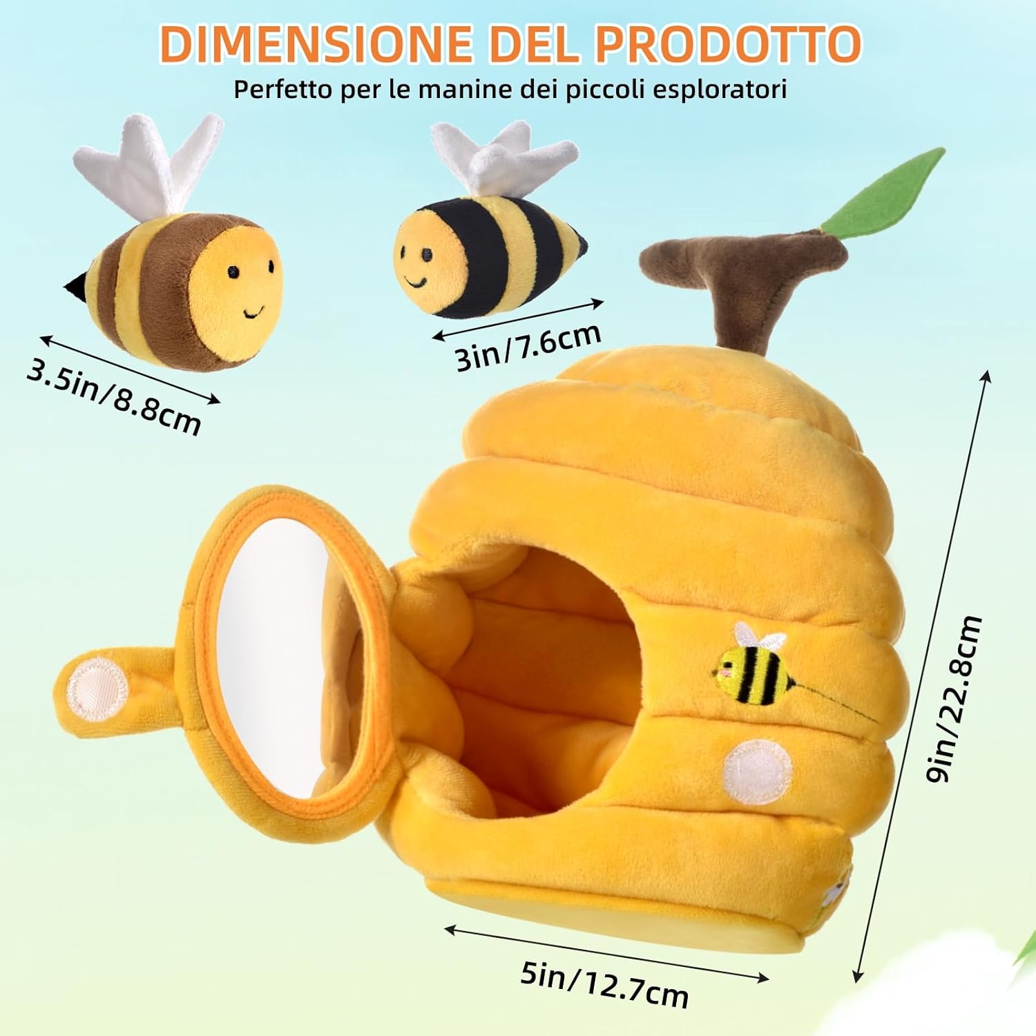 Detalle 2 de VORENUS Giochi Neonato 6-12 mesi: alveare sensoriale morbido con 5 api (sonagli, crinkle e specchietto)