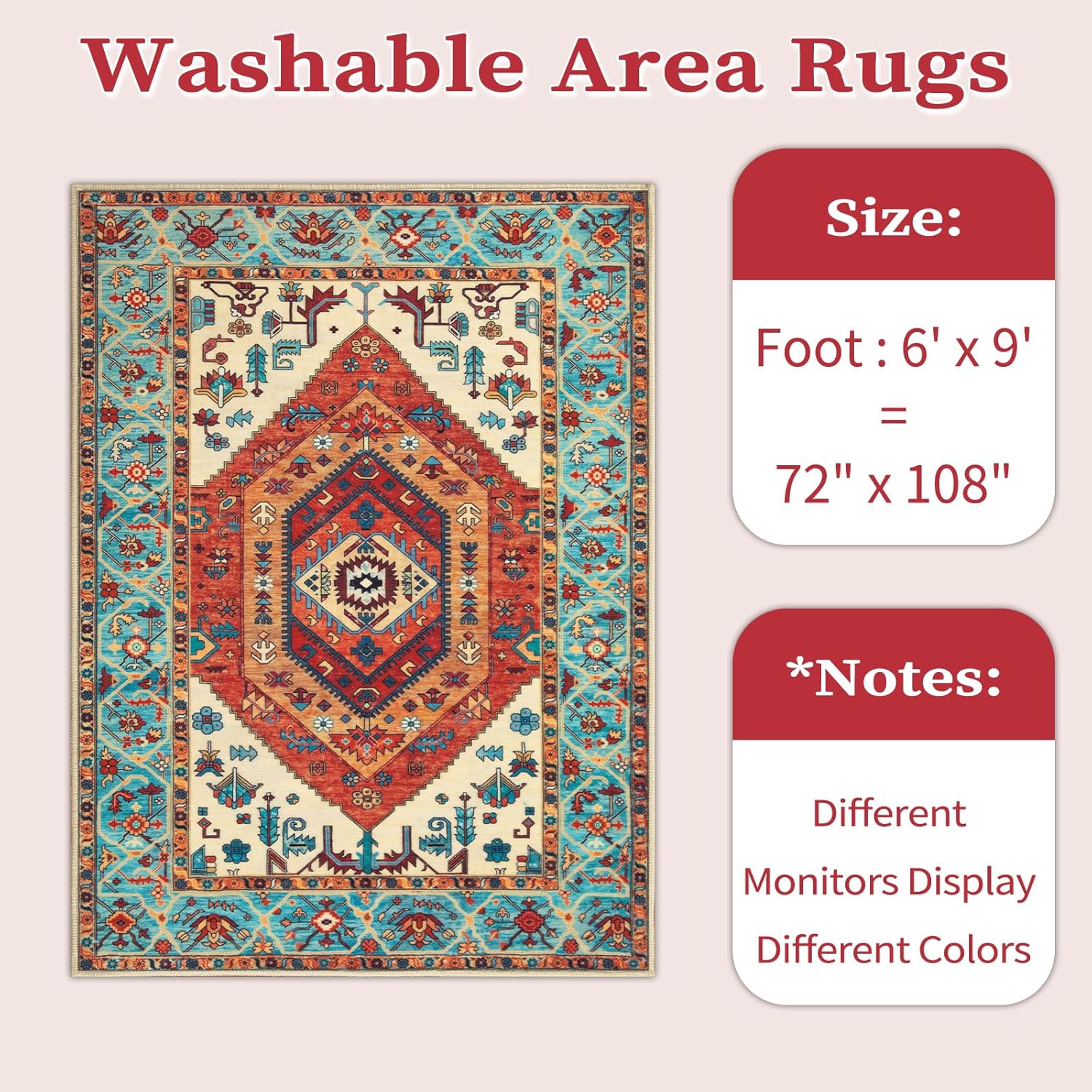 Thumbnail 5 de SERISSA Washable Rugs 6x9 Boho Area Rug (Non-Slip, Machine Washable) for Living Room, Bedroom & More