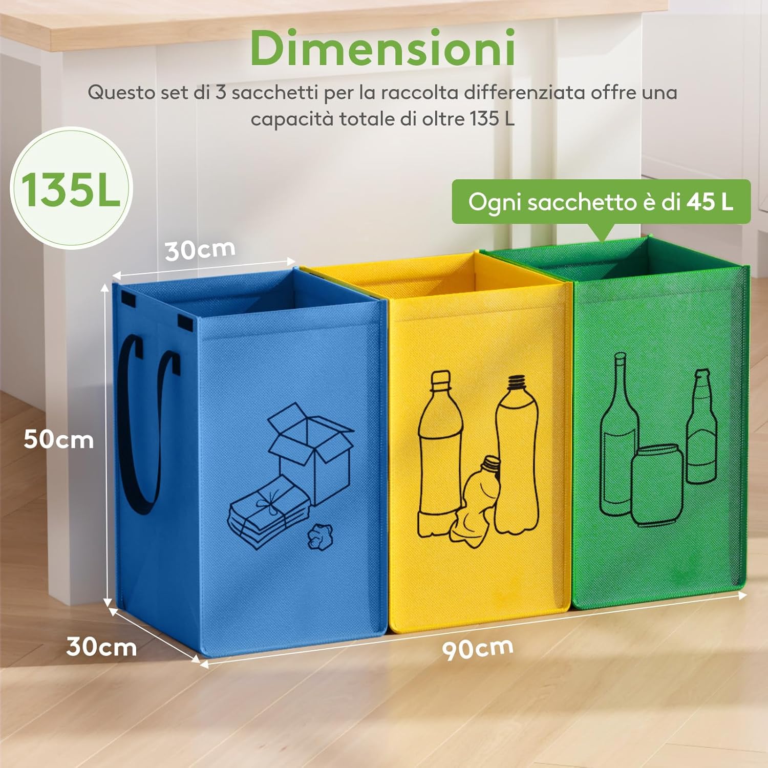 Detalle 2 de Lifewit set di 3 borse per raccolta differenziata 45 L con bidoni interni in 3 colori