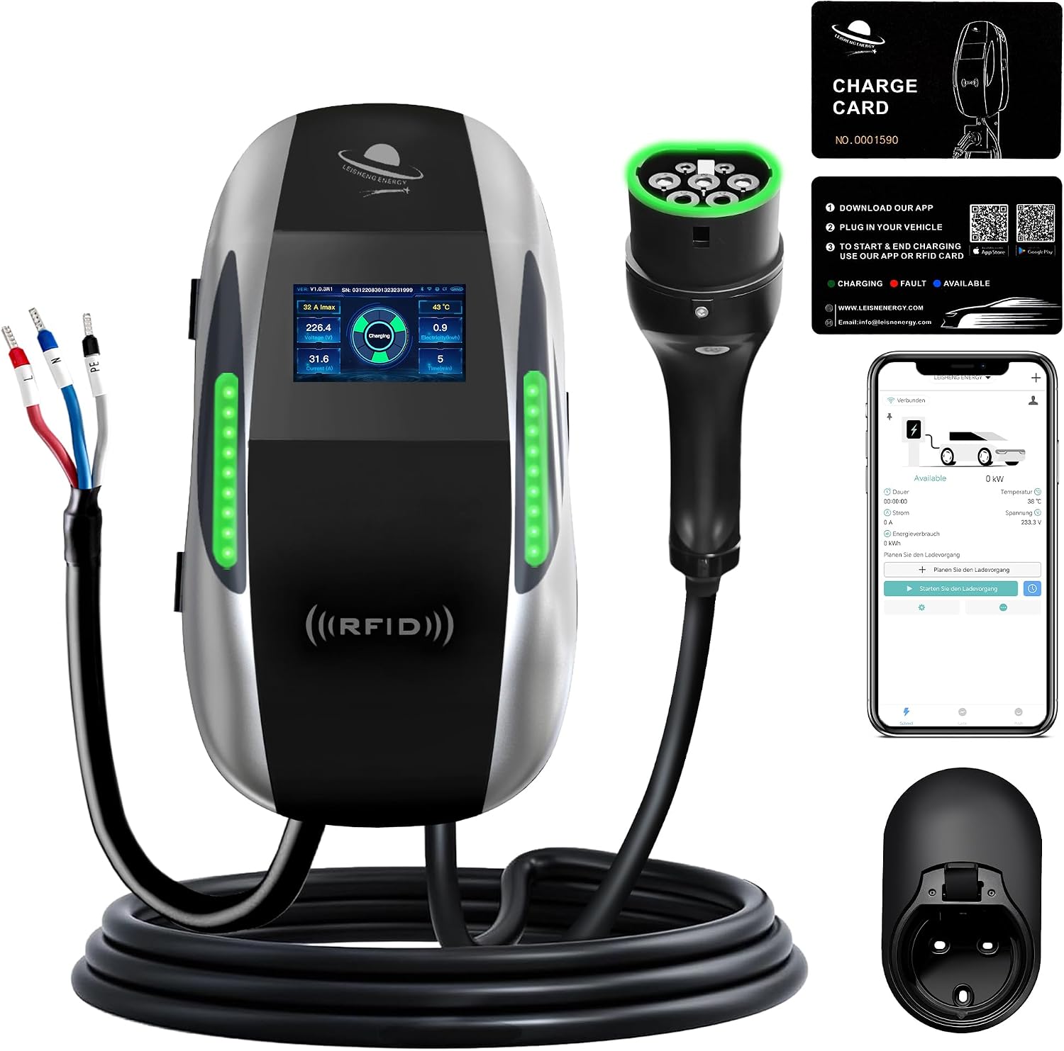 Detalle de LEISHENG ENERGY EV Charger 7kW Type 2: Practical UK Home Charging with App, RFID and LCD
