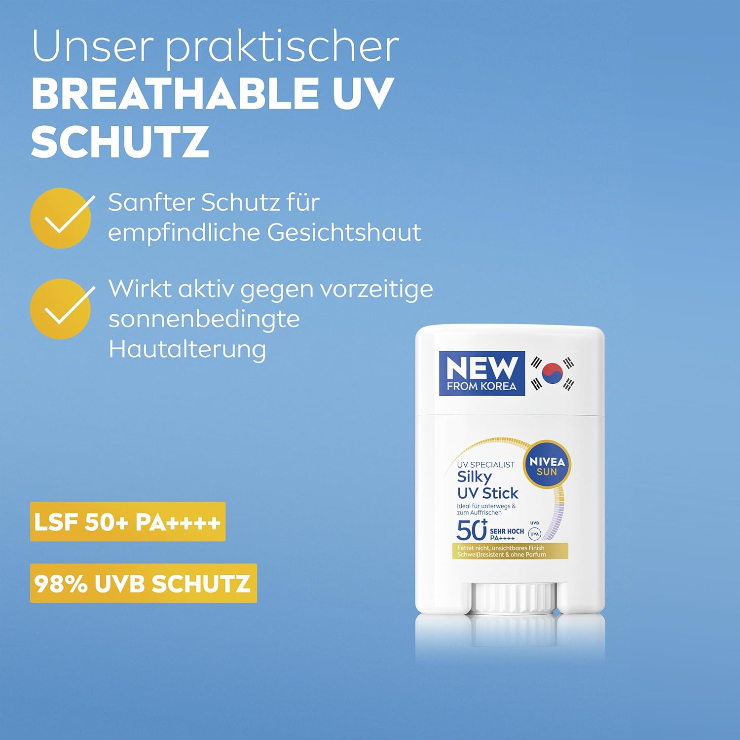 Detalle 2 de NIVEA SUN UV Stick LSF 50+ (15 g) – ultraleichter Sonnenschutz für das Gesicht mit Stick-Technologie