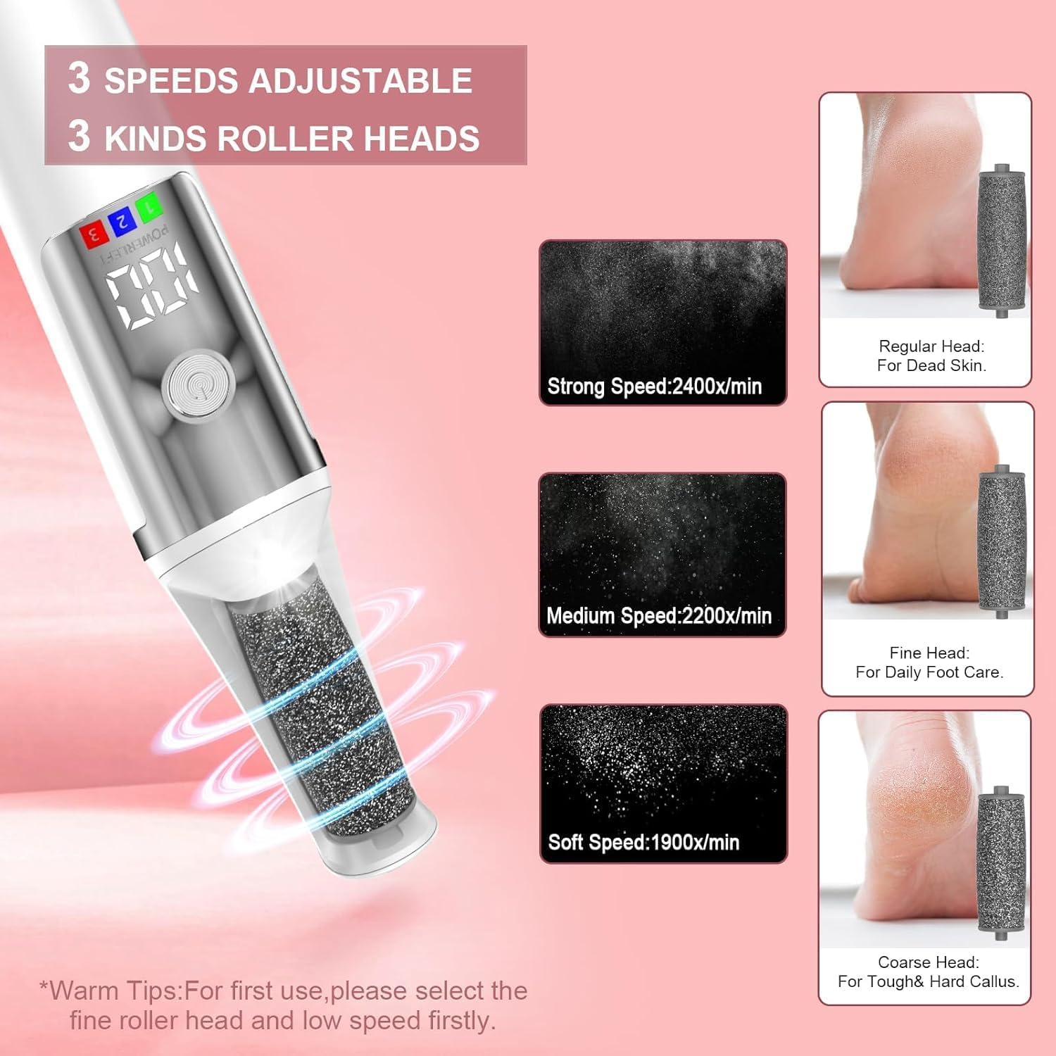 Detalle de Dongxw Electric Foot Callus Remover – Rechargeable Pedicure Foot File with 3 Roller Heads
